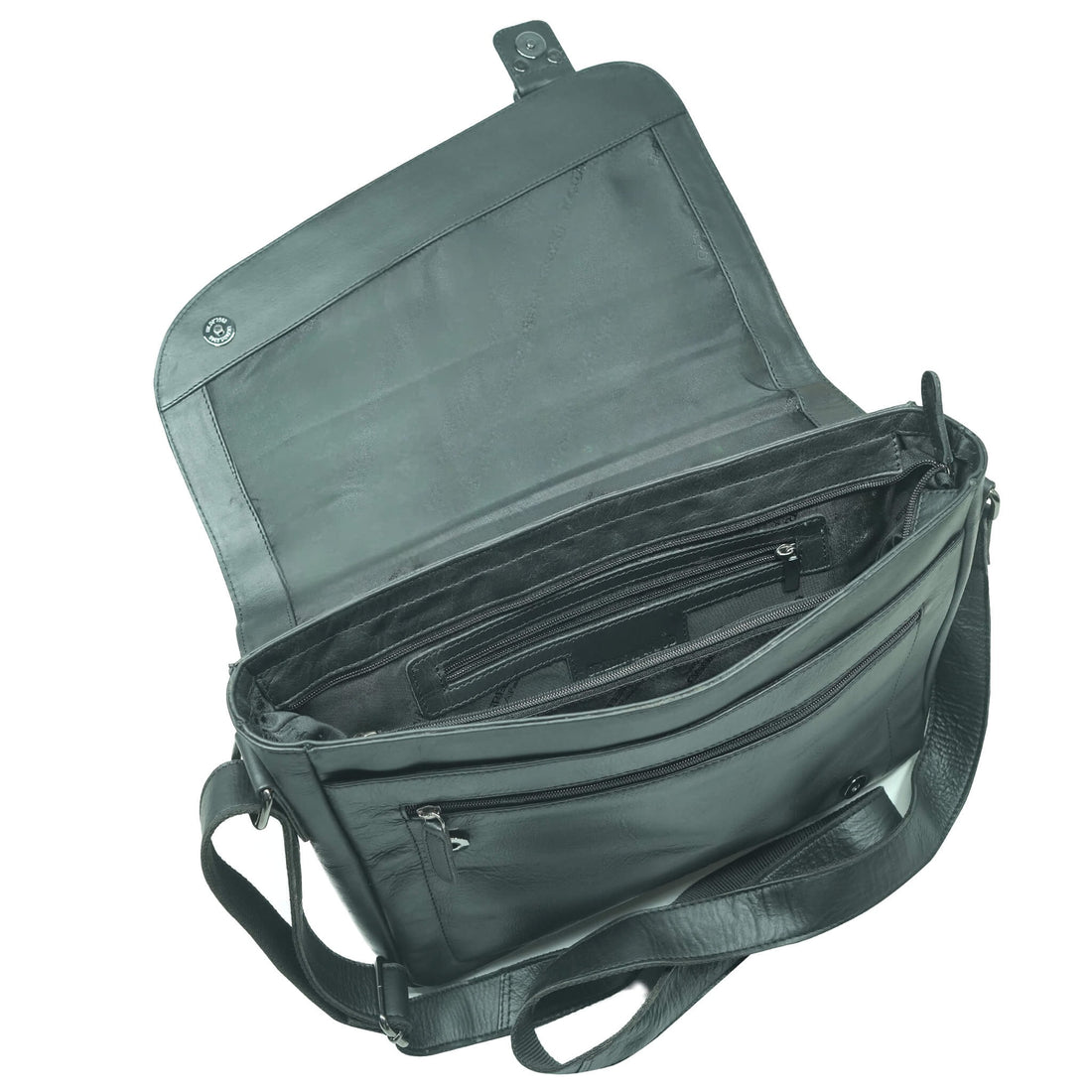 leather messenger bag on a white background