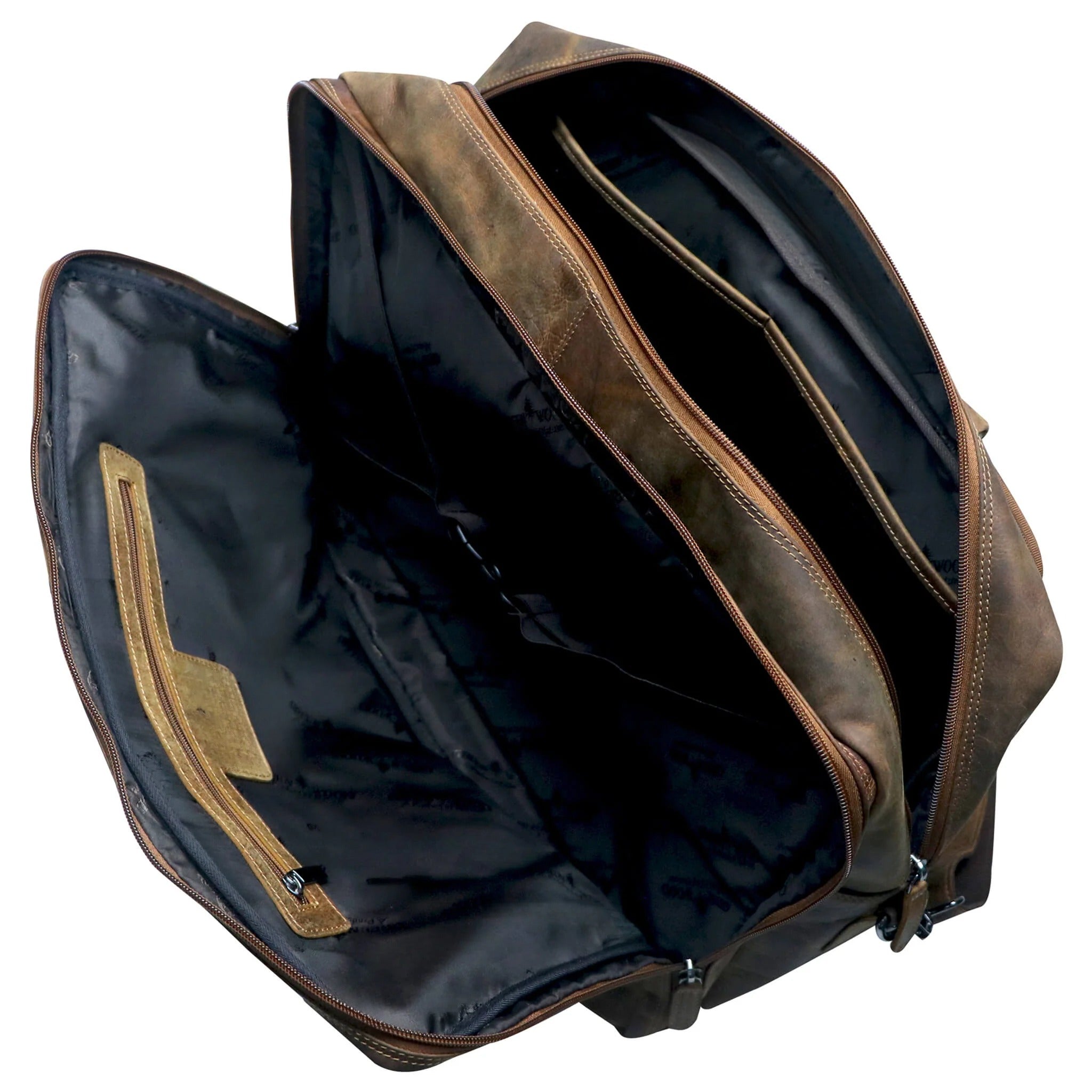 Brown leather bag with open front compartment on a white background