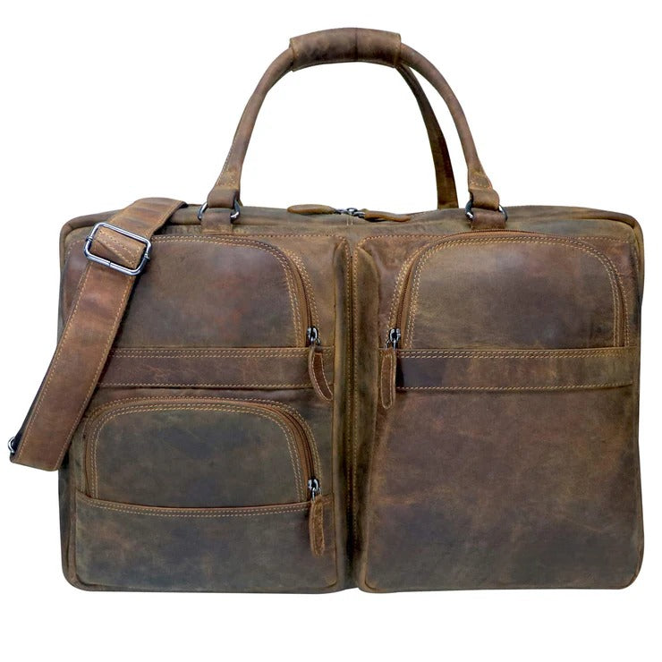 Brown leather travel bag with multiple pockets and straps on a white background