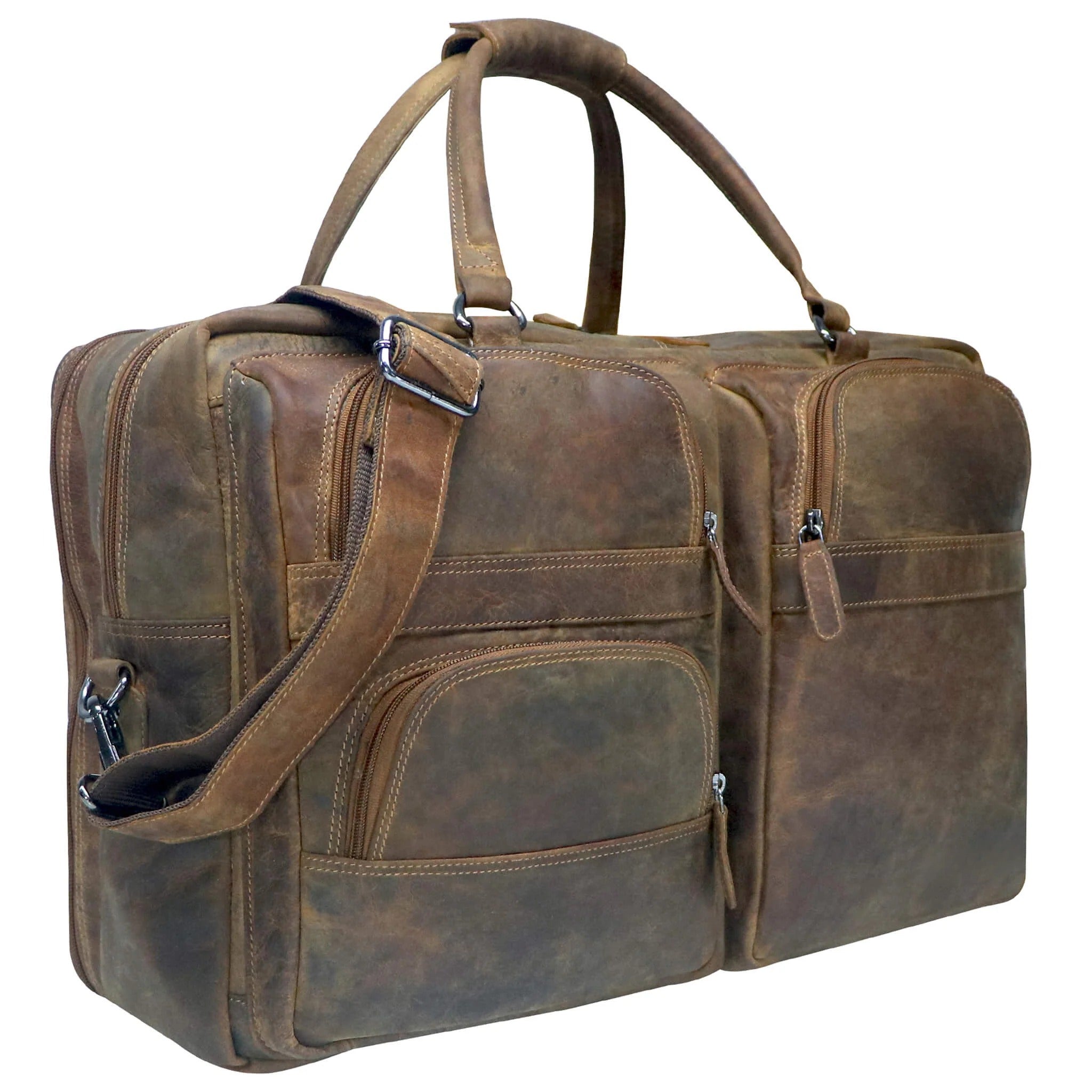 Brown leather duffel bag with shoulder strap on a white background