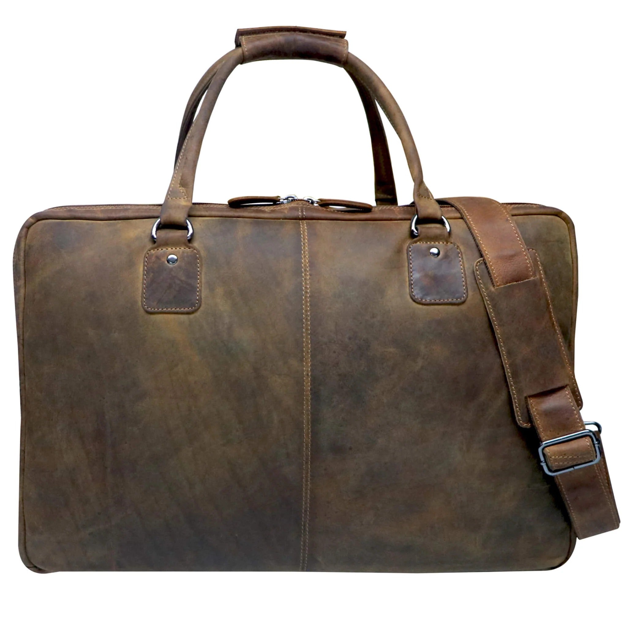Brown leather duffel bag with handle and shoulder strap back view
