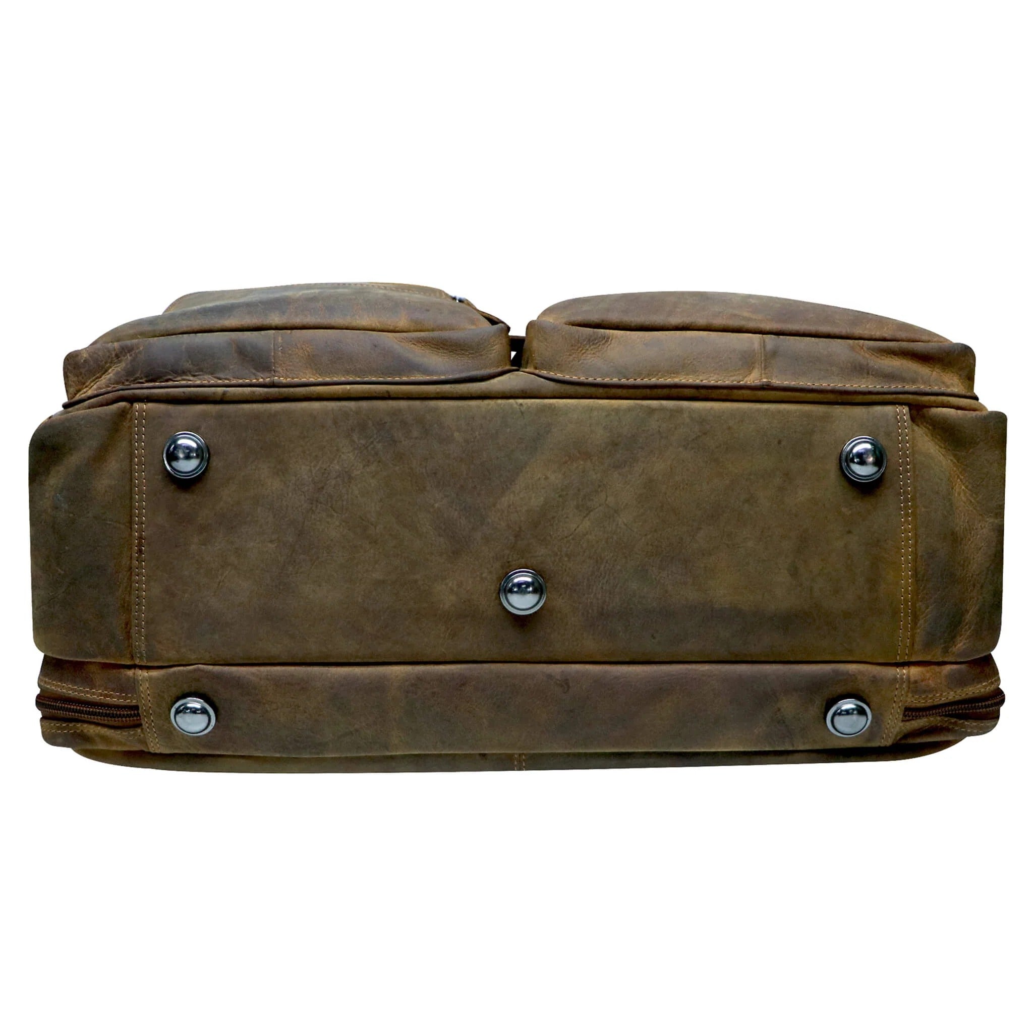 Brown leather suitcase with silver rivets bottom view