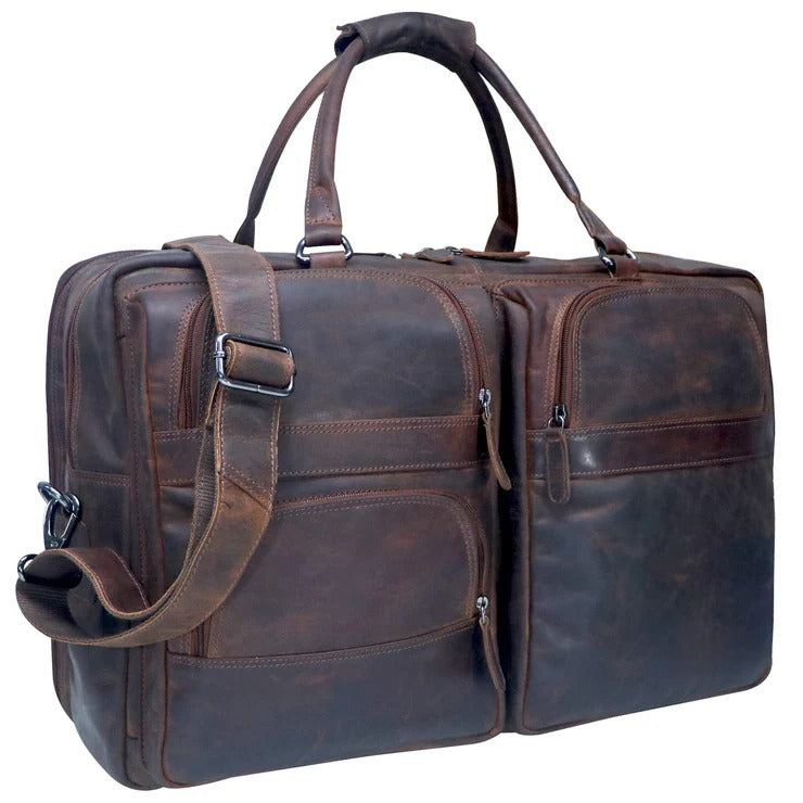 Brown leather duffel bag with multiple pockets and straps 