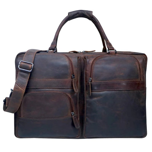 Brown leather briefcase with shoulder strap on a white background
