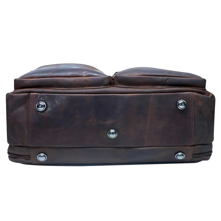 Brown leather duffel shoulder bag bottom view