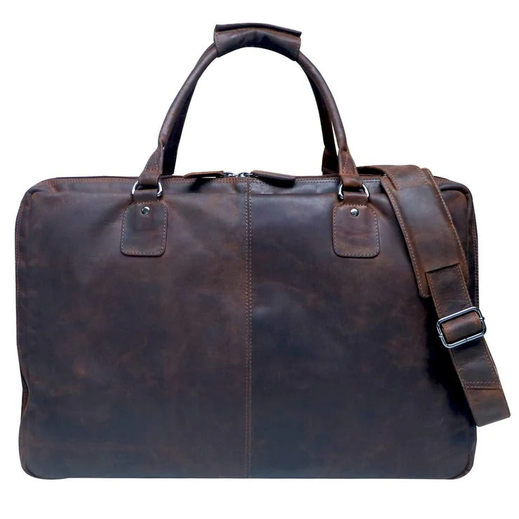 Brown leather duffel bag with a shoulder strap 