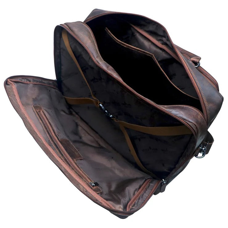 Brown leather bag with open compartments
