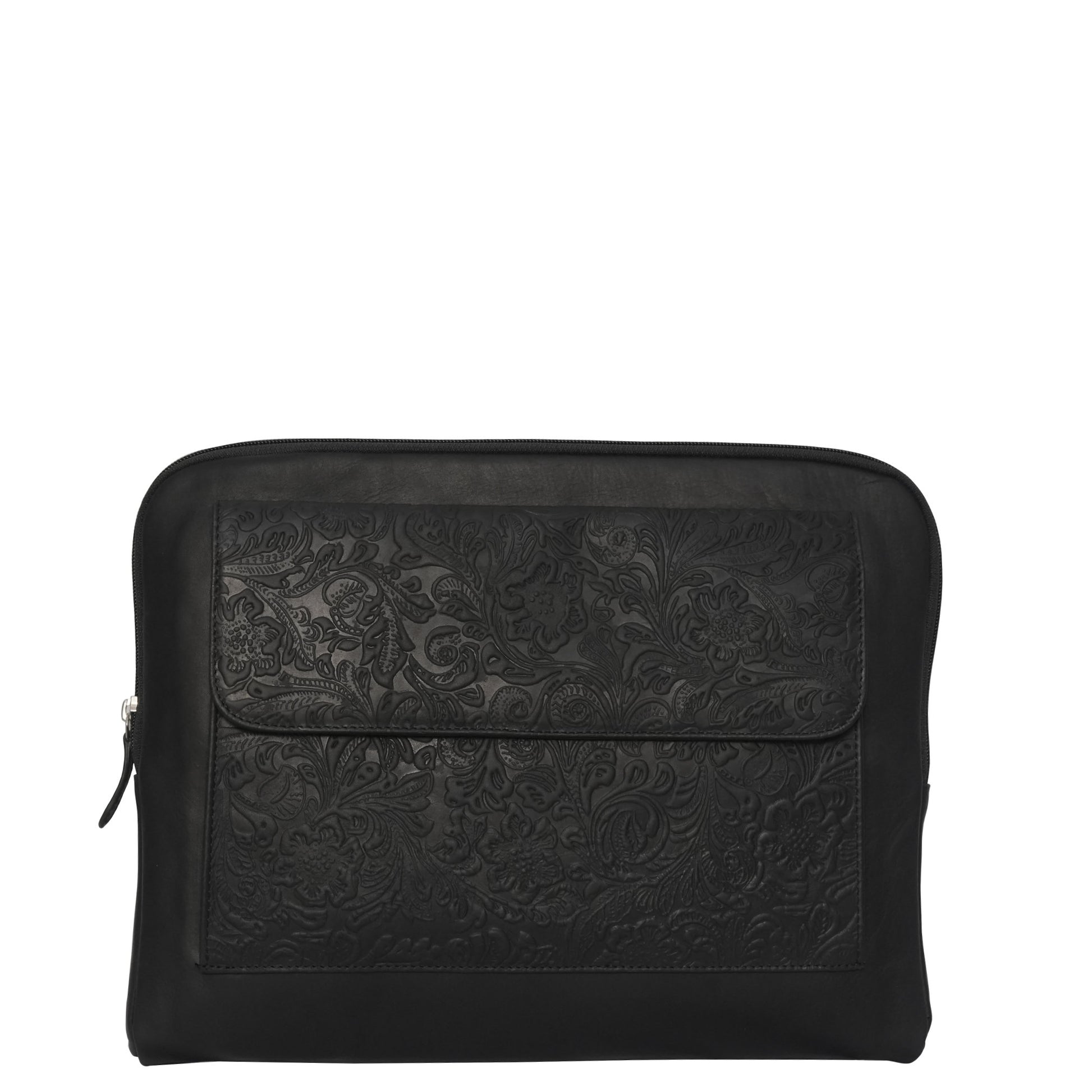 A black floral print laptop bag with a zippered closure and an adjustable, detachable strap.