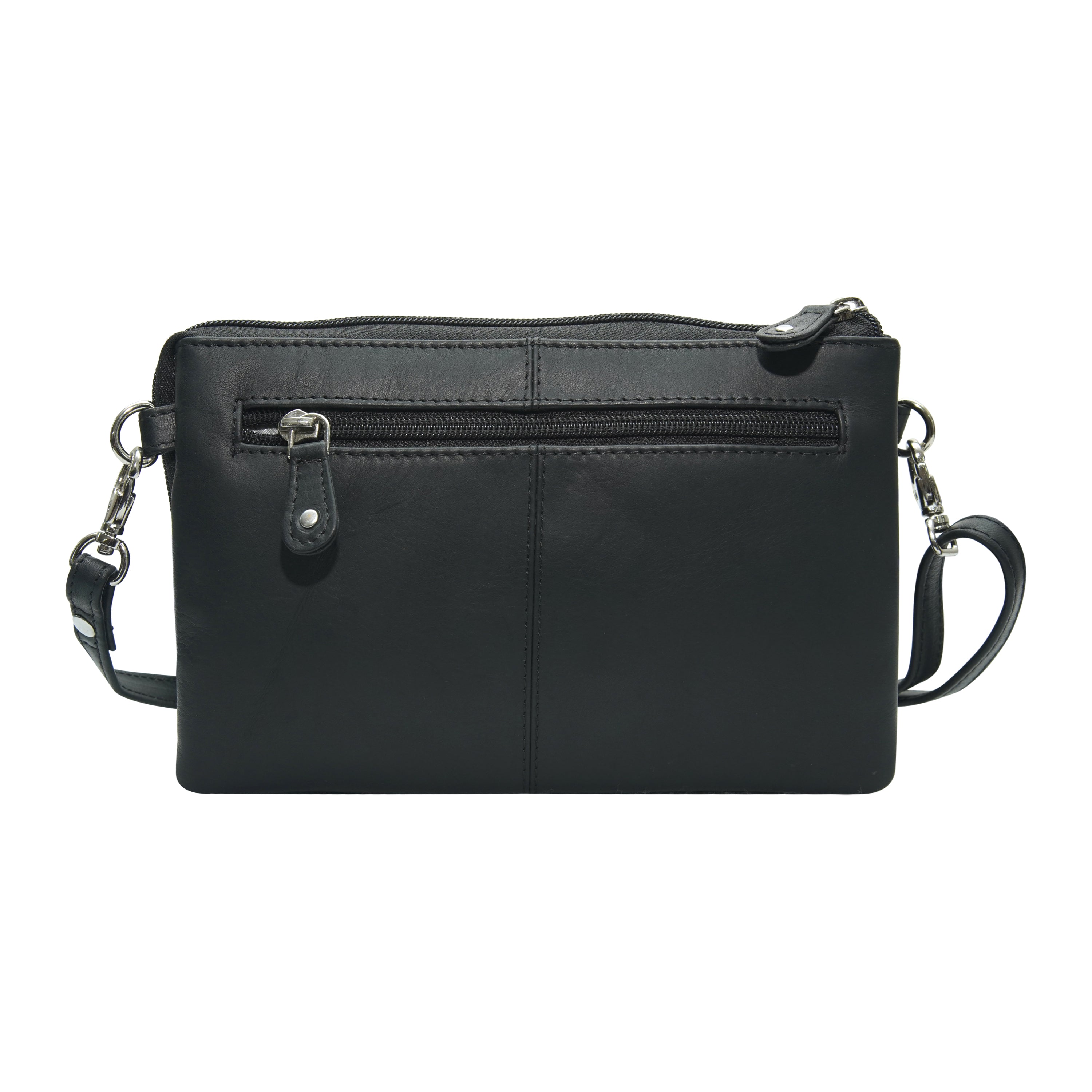 Black leather crossbody bag back view