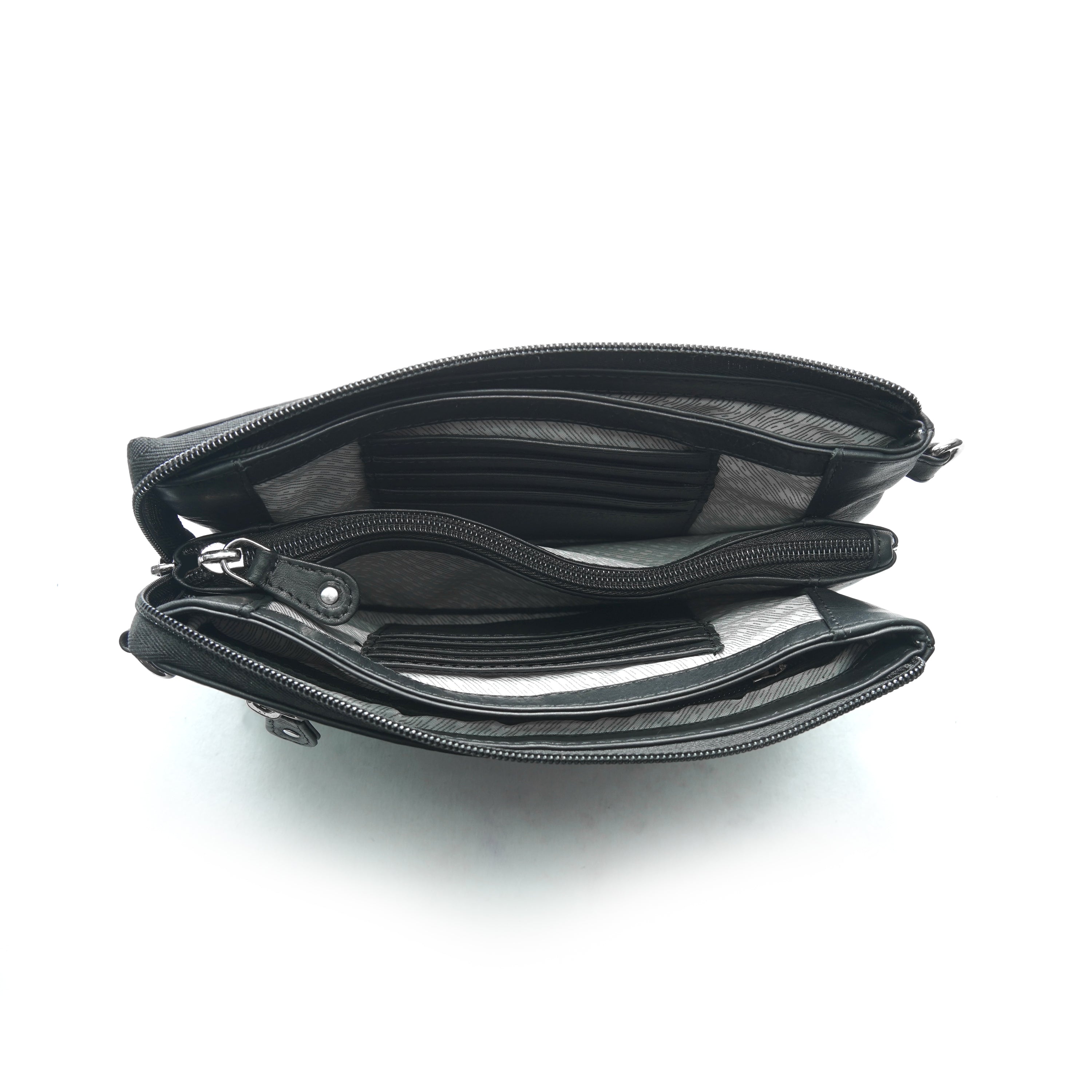 Black leather clutch bag with a zipper  open view