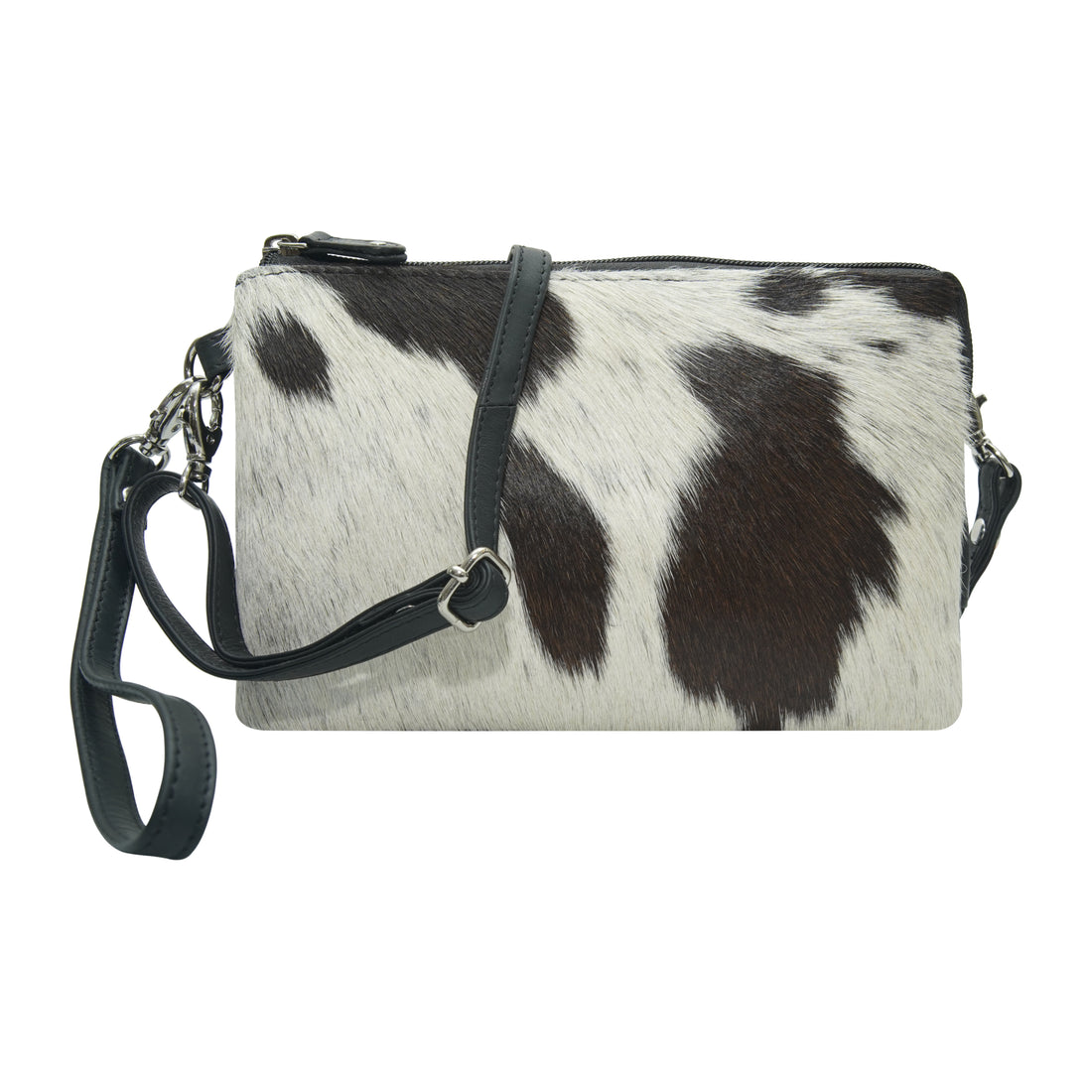 Black and white cow print small crossbody with a strap front view