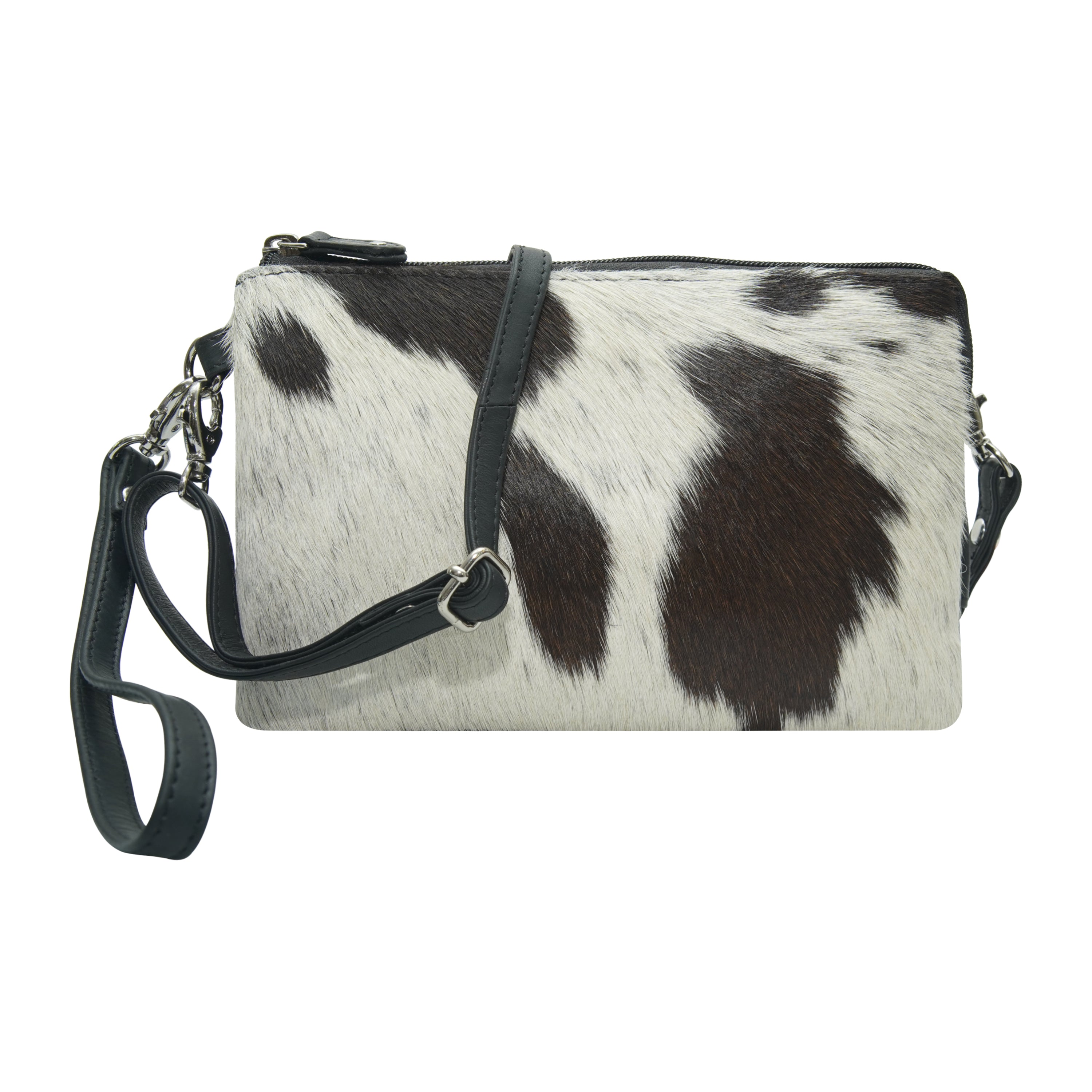 Black and white cow print small crossbody with a strap front view