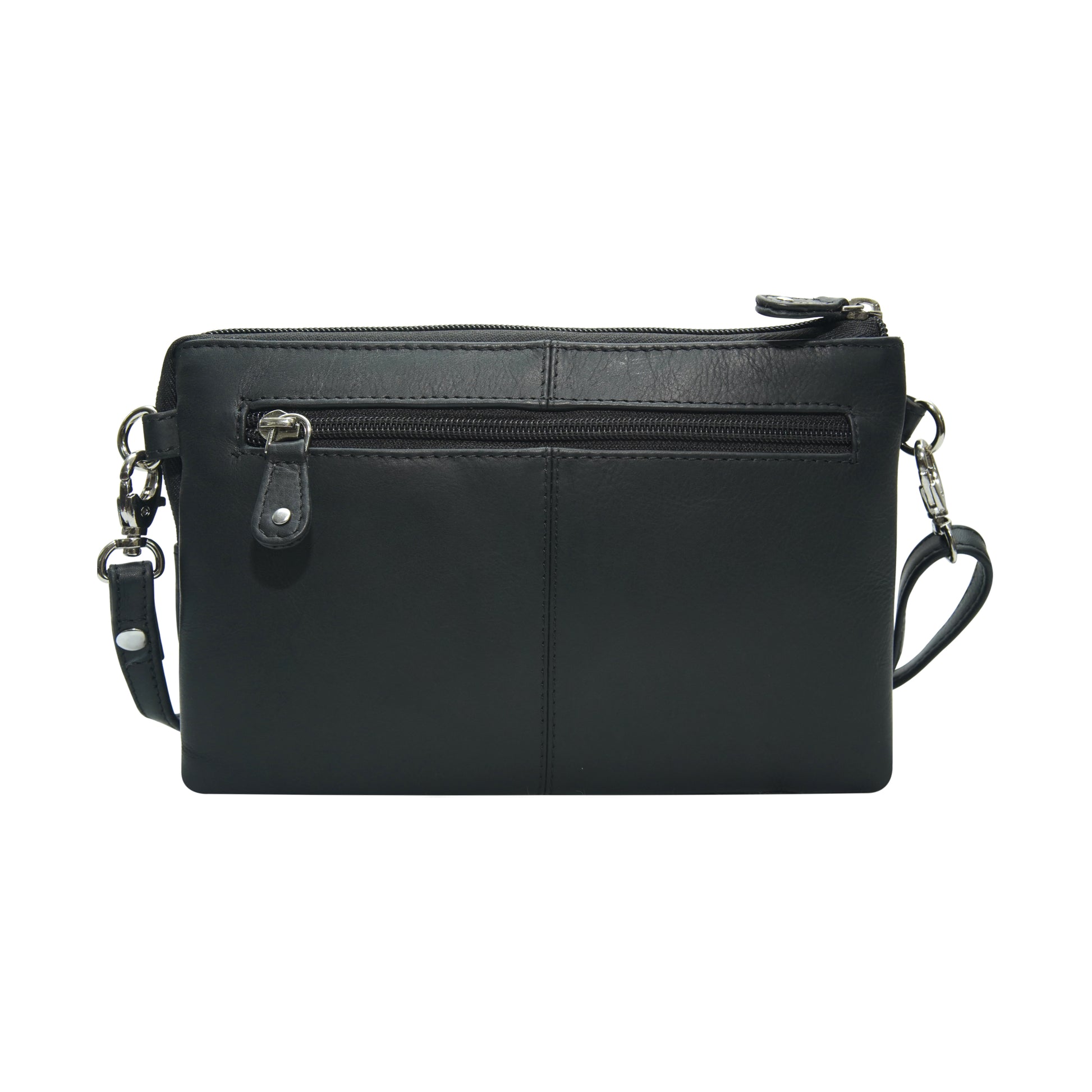 Black leather crossbody bag back view