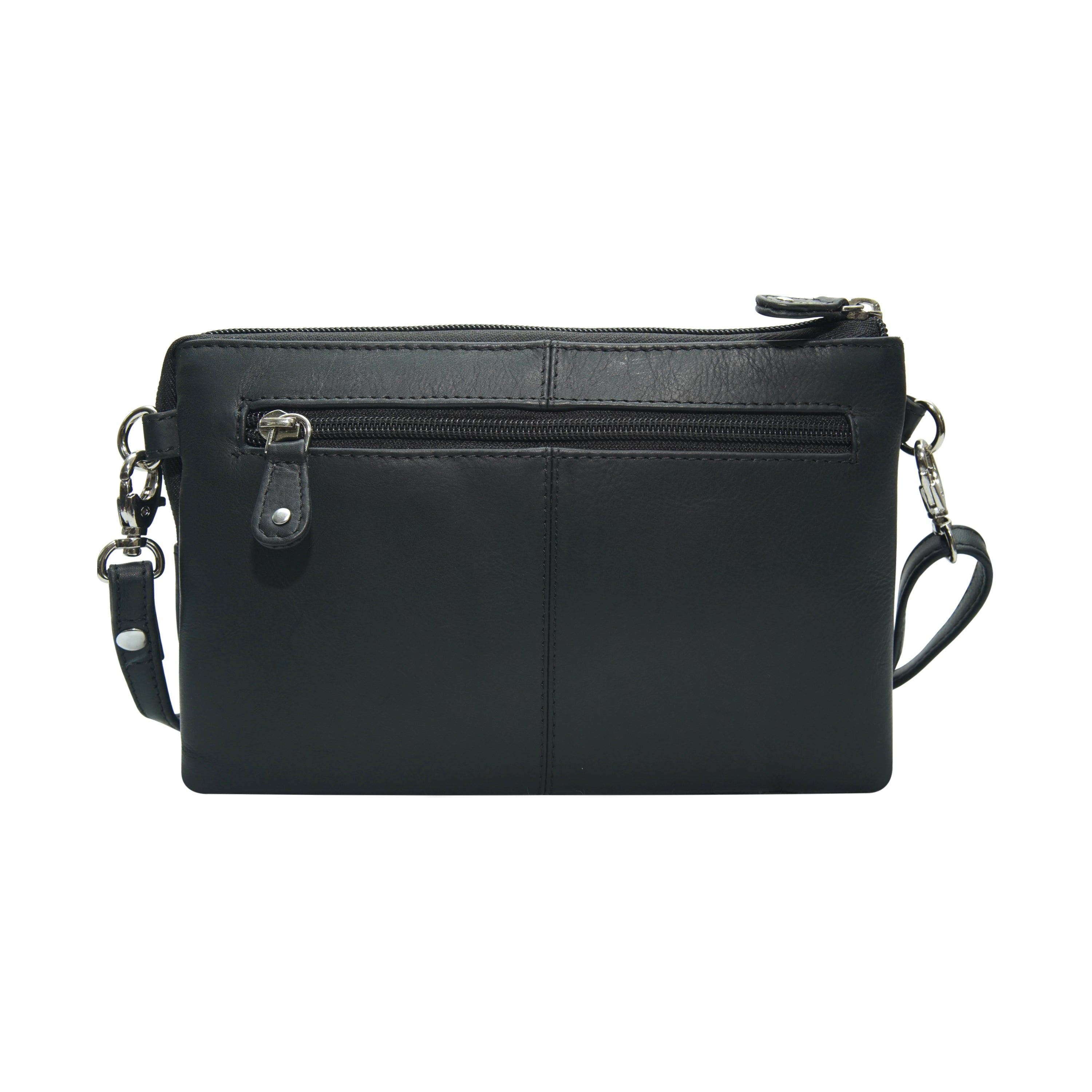 Black leather crossbody bag back view