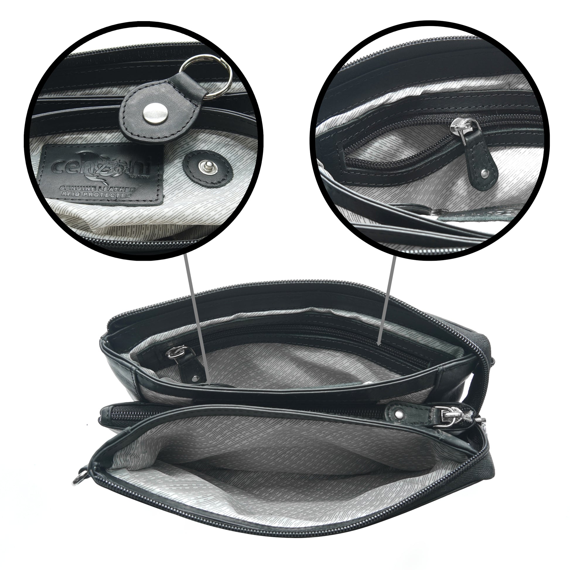 Black leather crossbody bag inside view