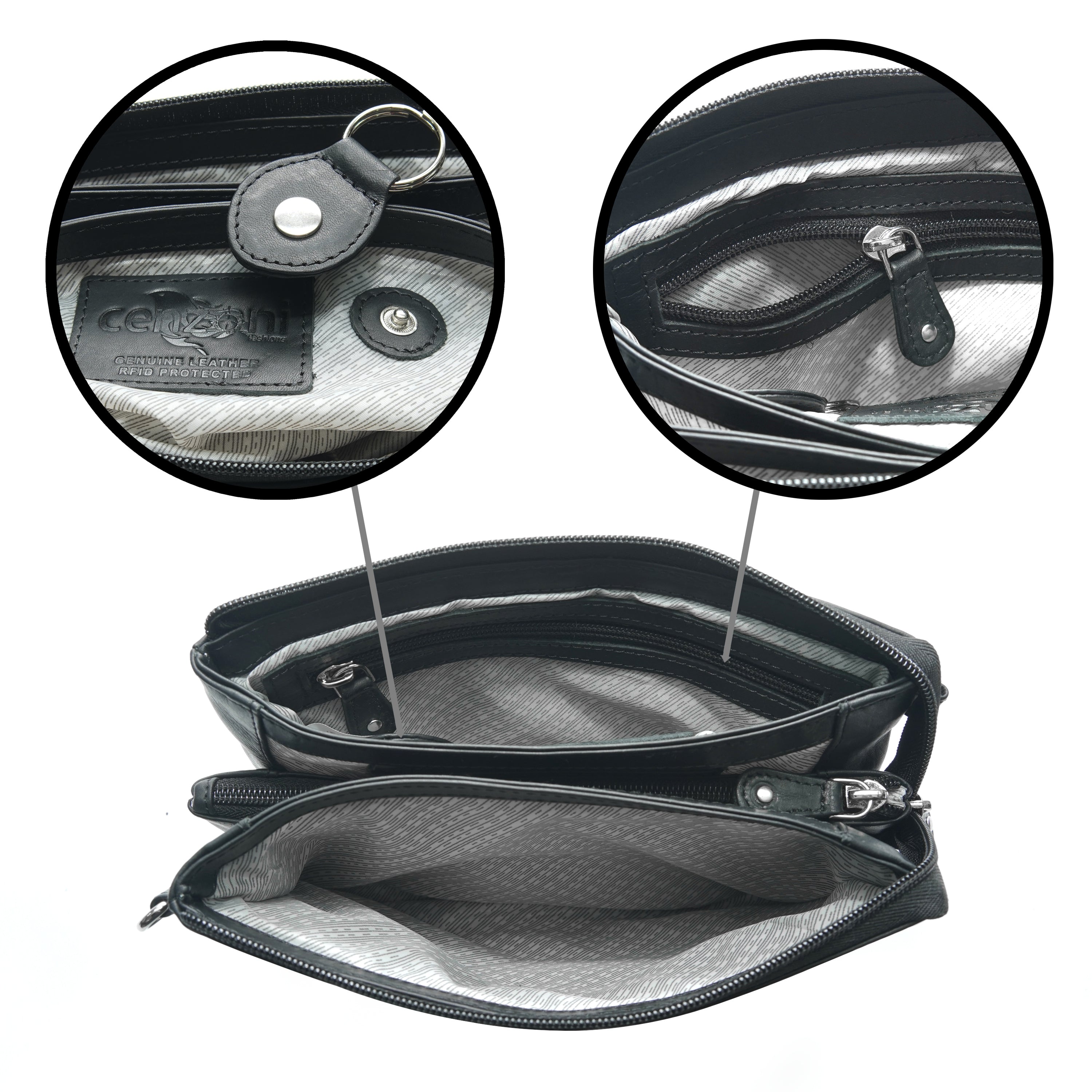 Black leather crossbody bag inside view