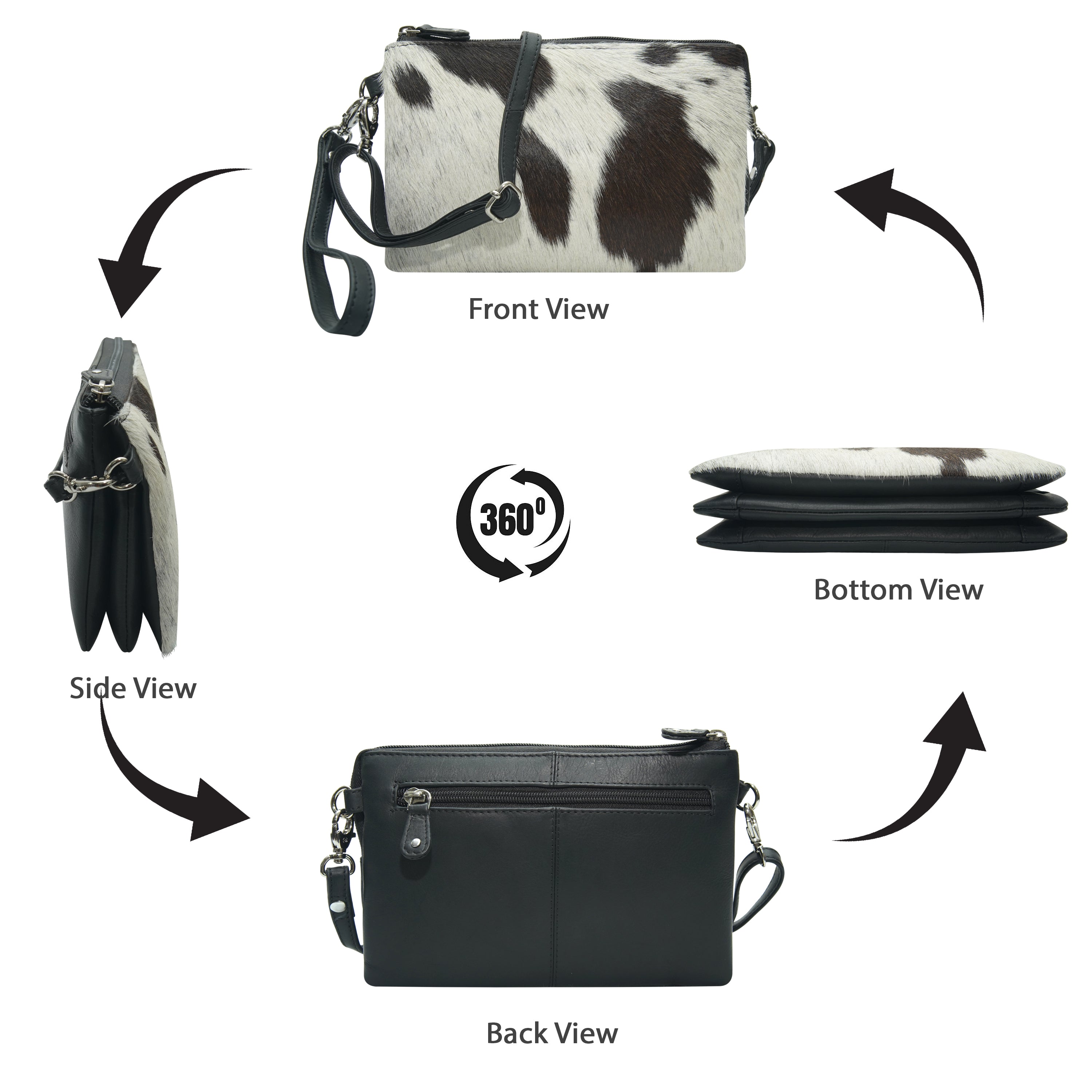 Black  leather cowhide handbag shown from multiple angles on a white background