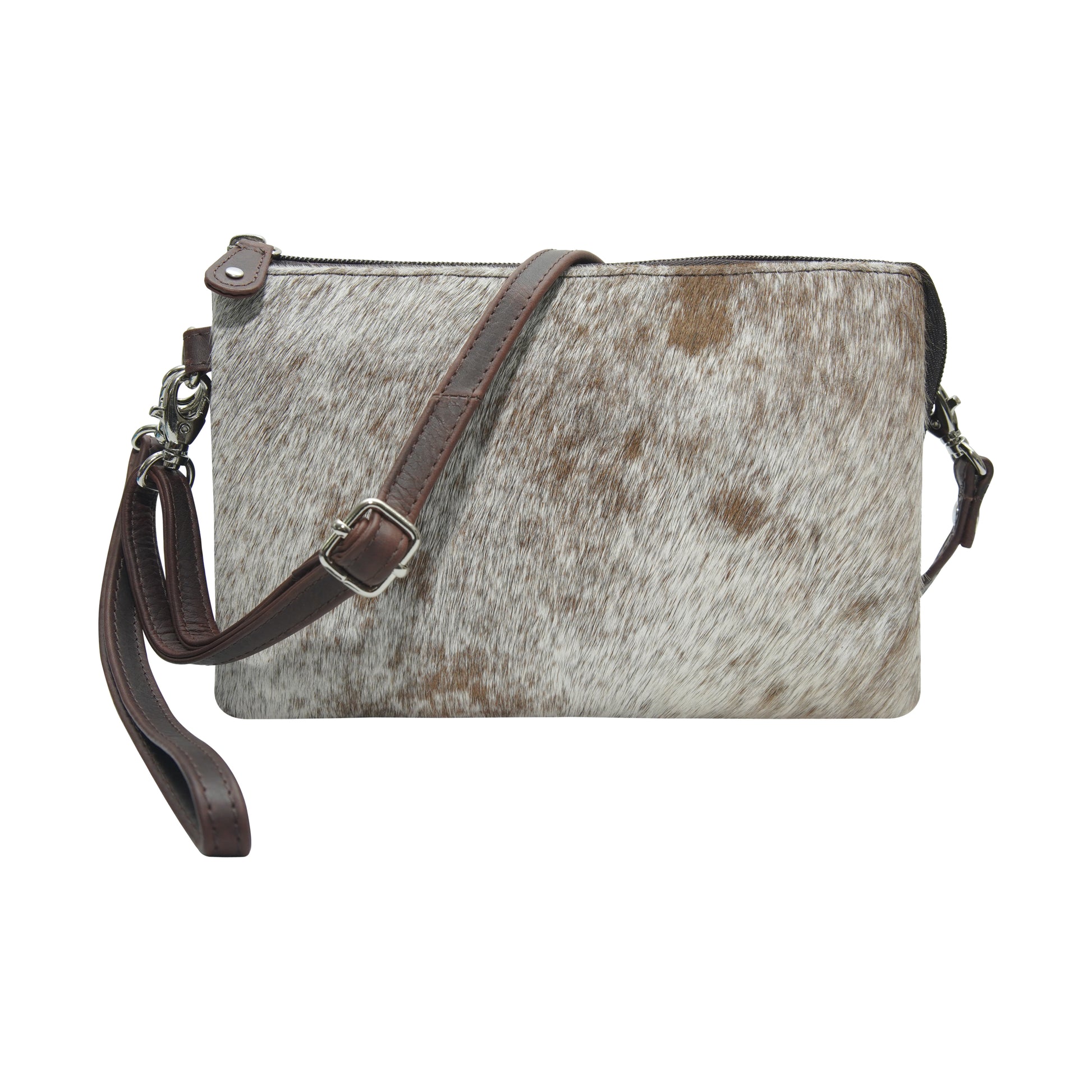 Cowhide leather handbag with brown strap front view