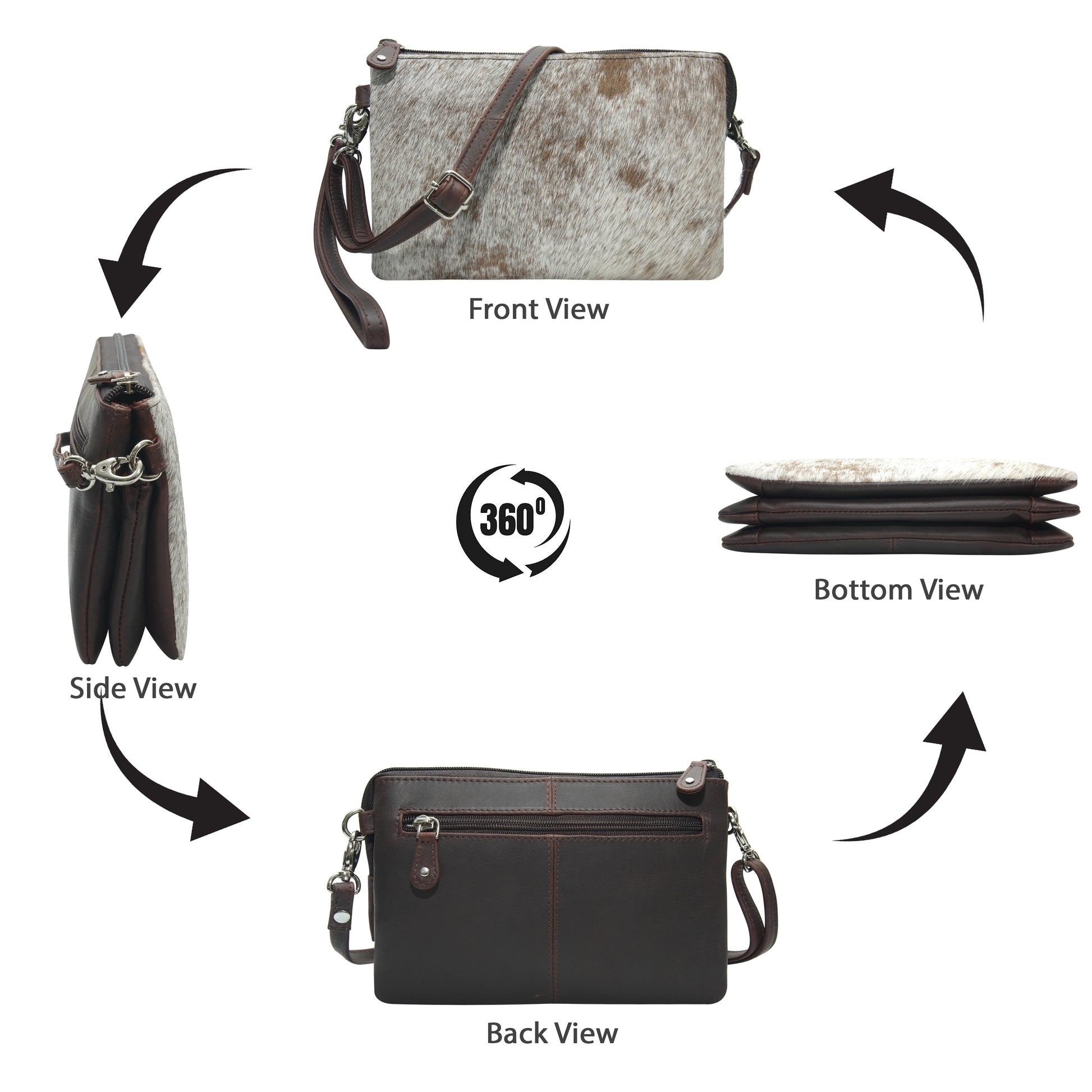 Multifunctional leather bag shown from multiple angles on a white background