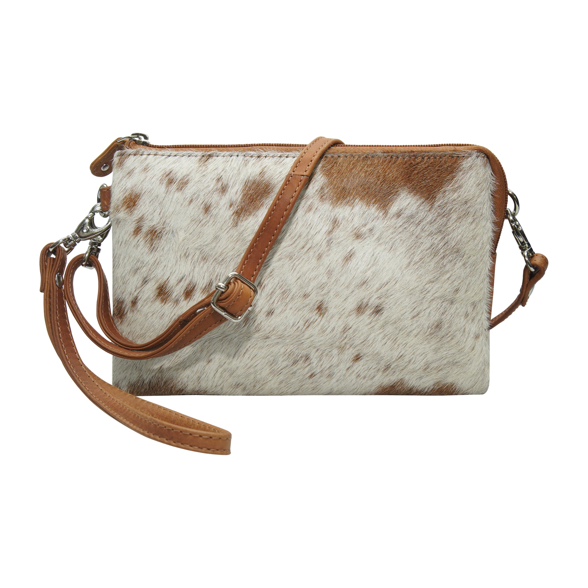 Front view of handbag with cowhide pattern and tan leather strap 