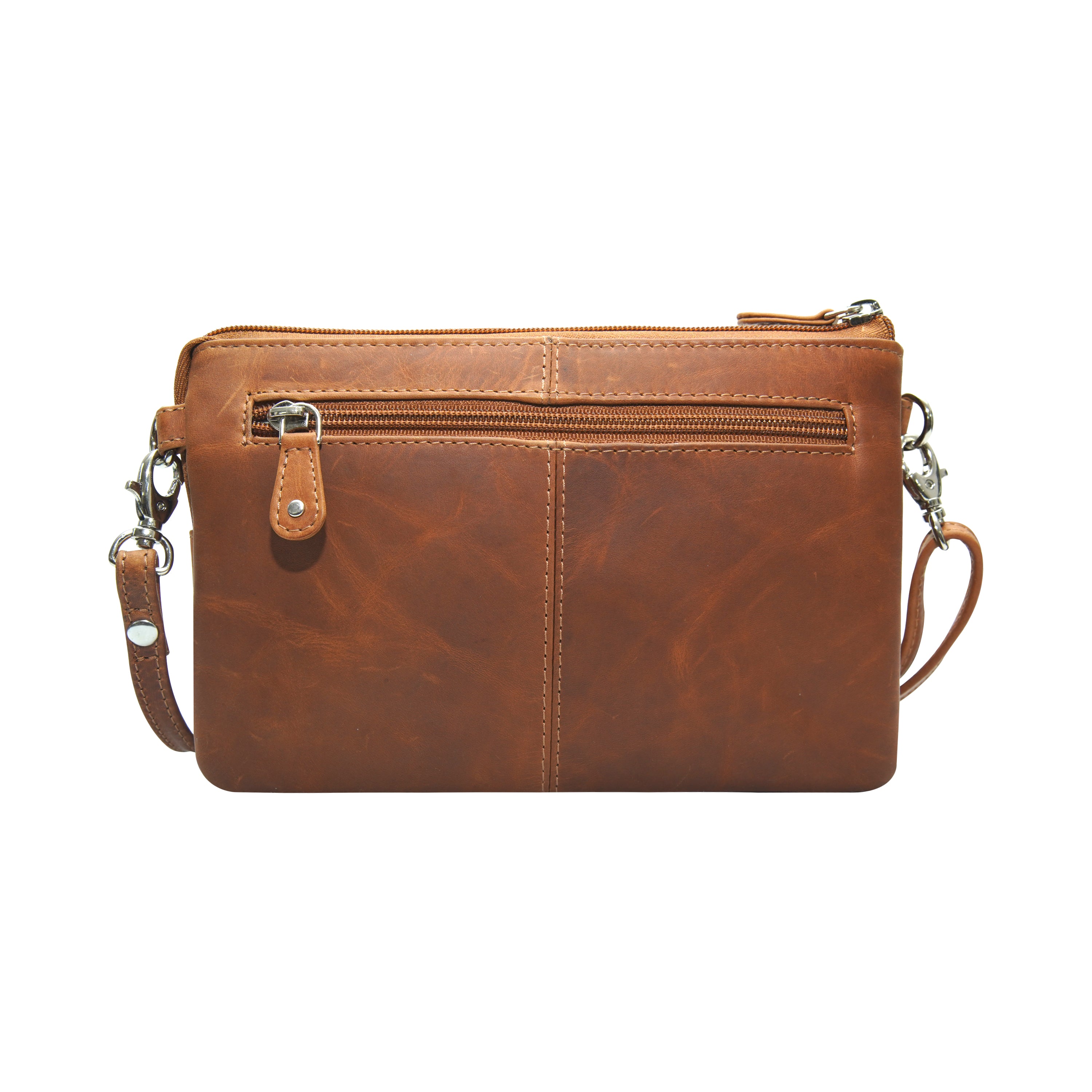 Back side of tan leather crossbody cowhide bag