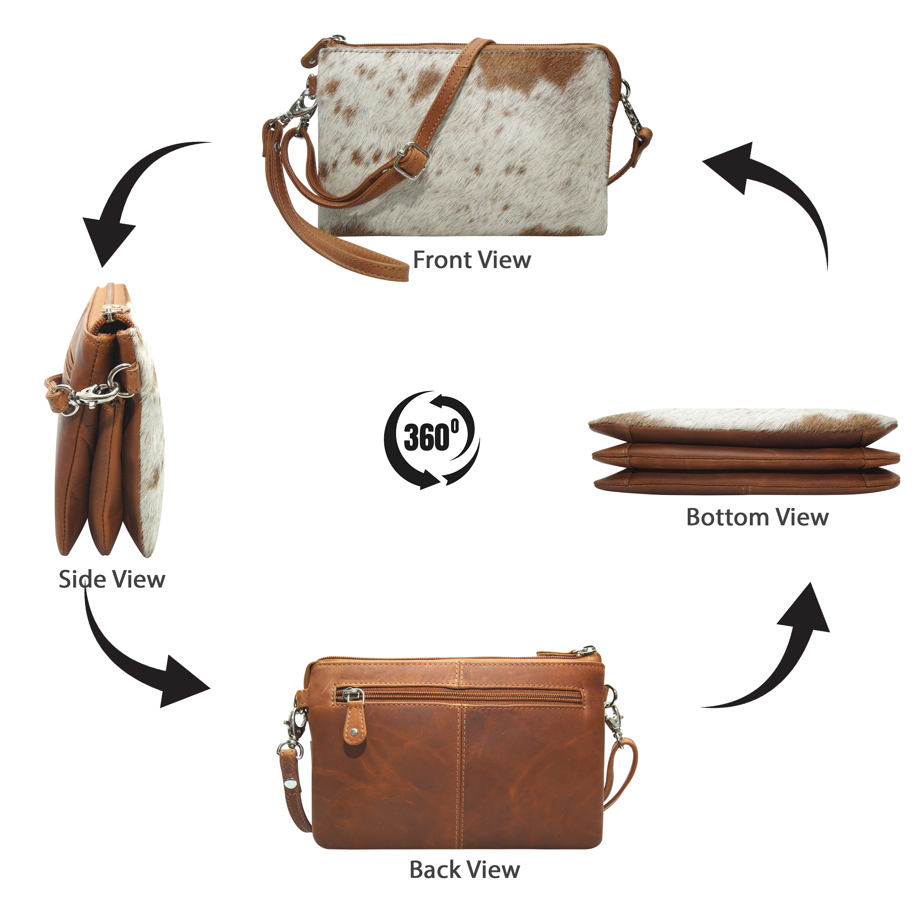 Tan cowhide leather handbag shown from multiple angles on a white background.