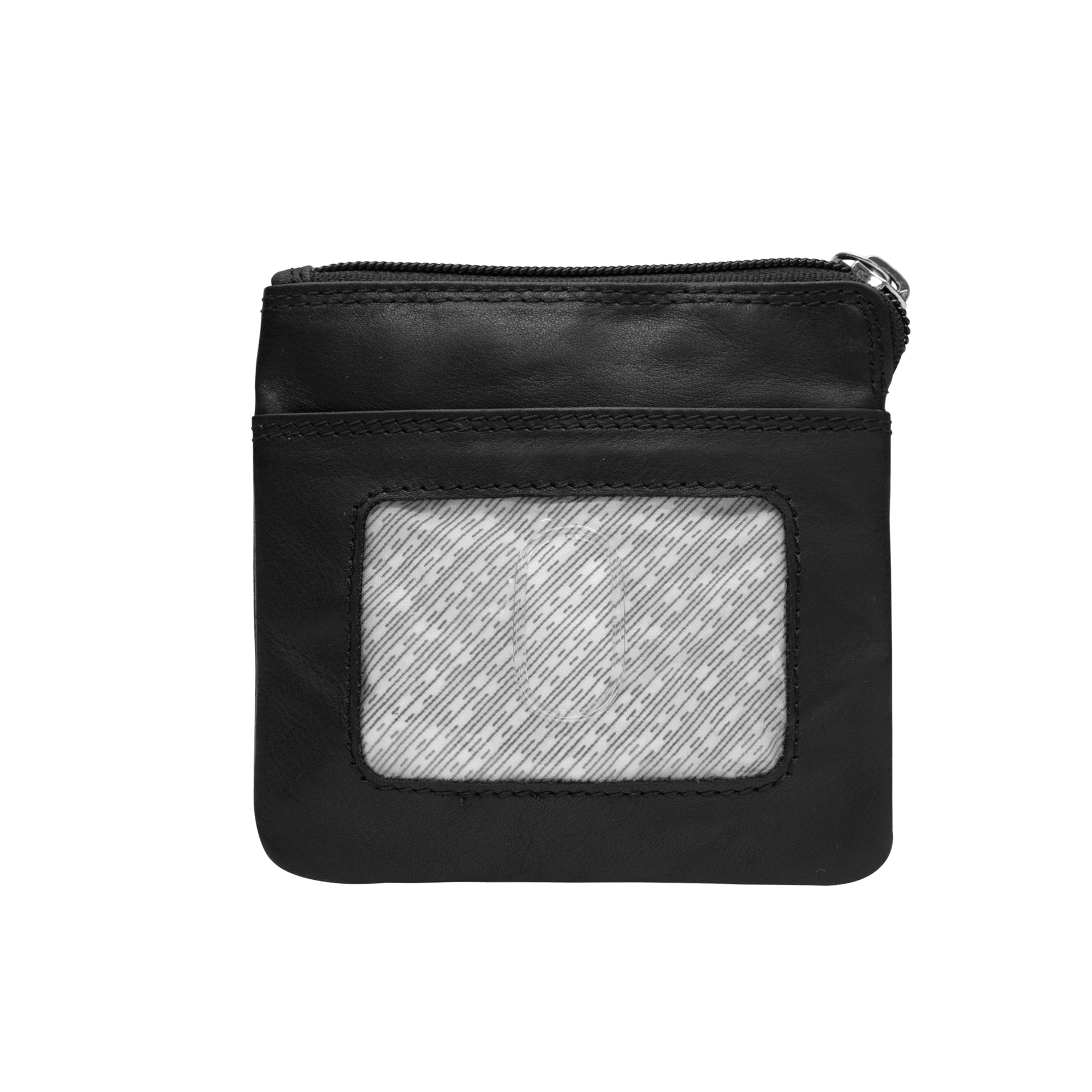 A brown leather small coin purse with a clear window pocket on the front and a zipper closure.