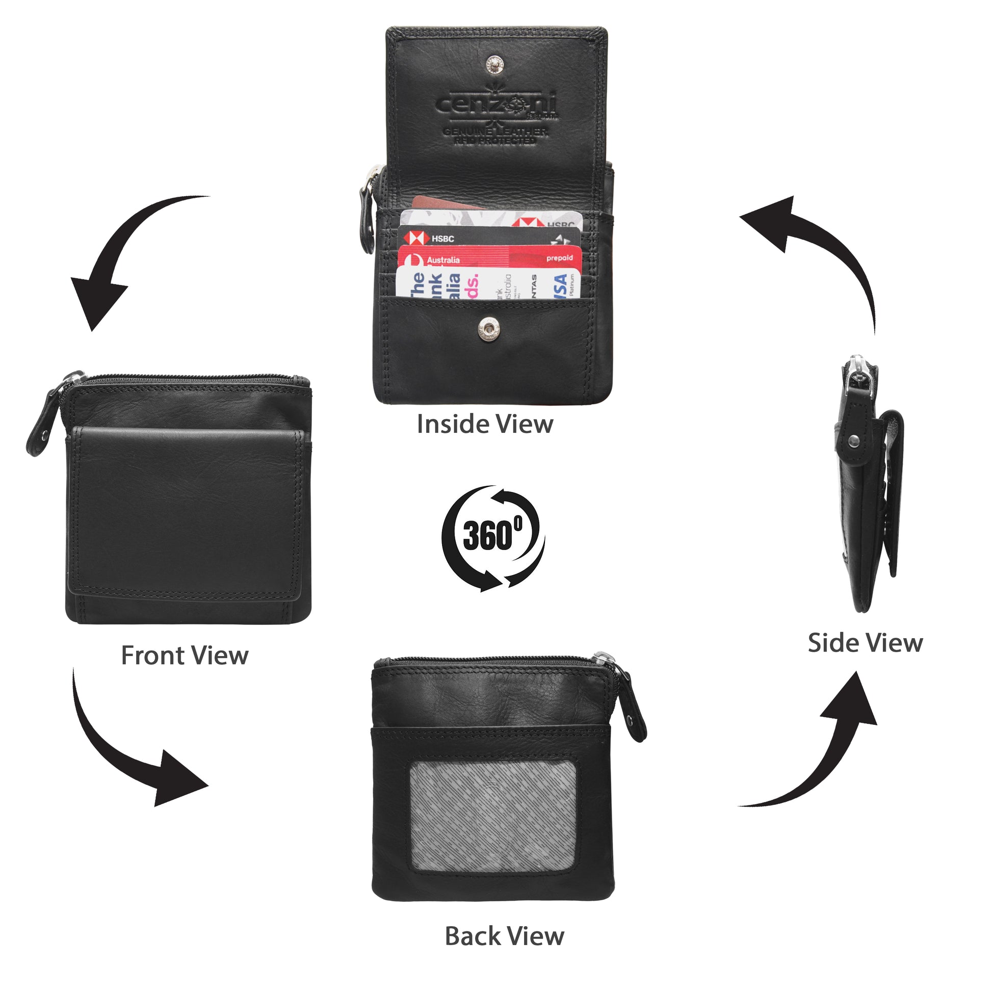 Black leather wallet with multiple views and features on a white background