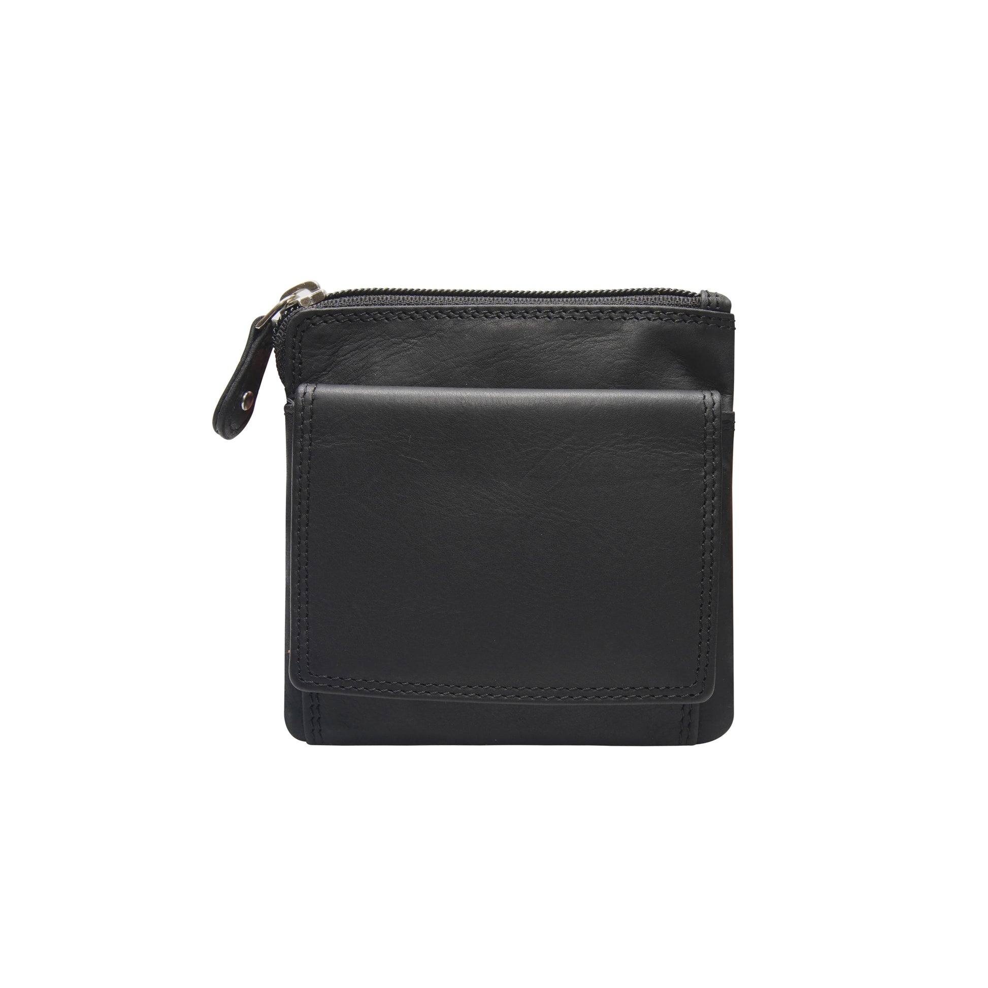 Black leather wallet with a zipper front view