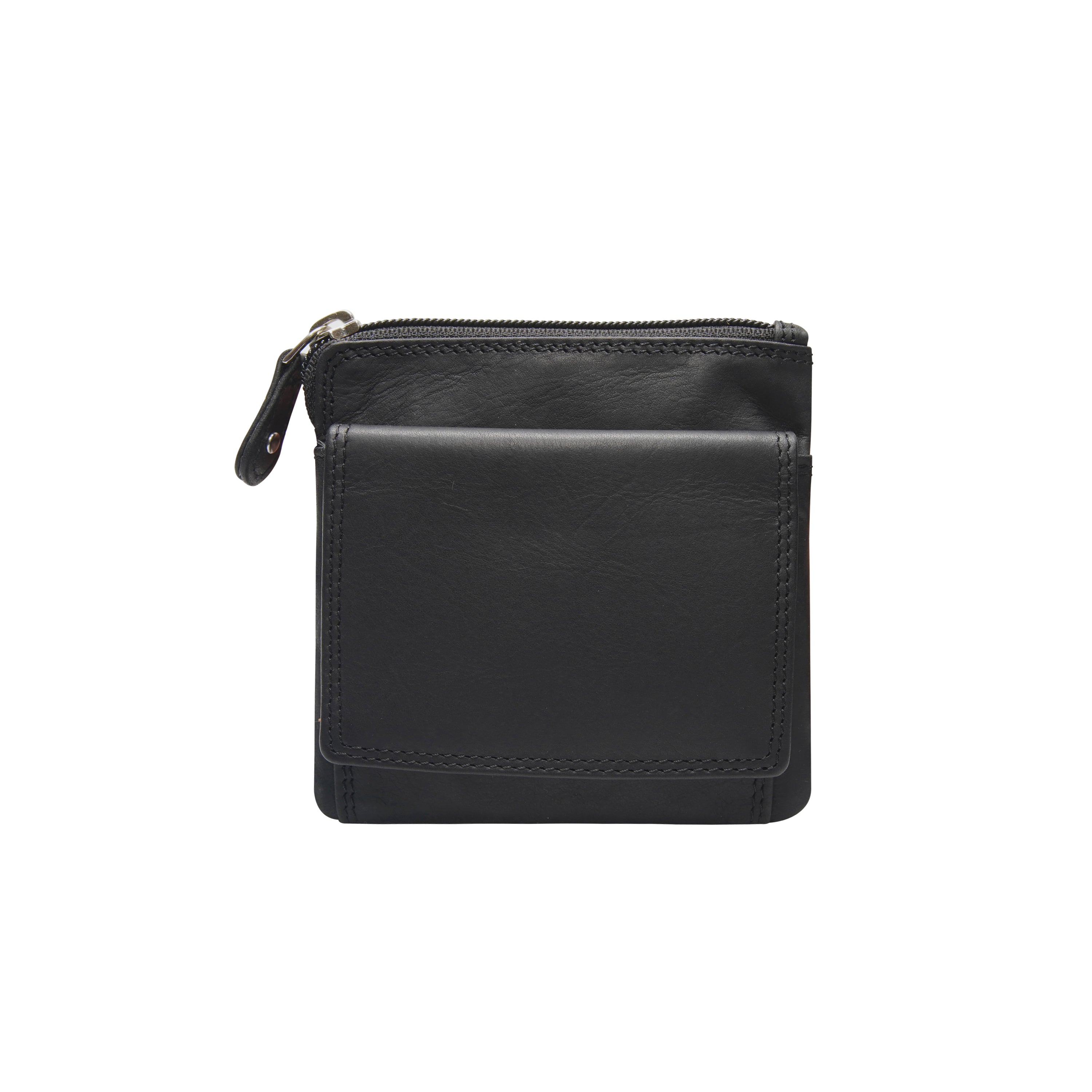 Black leather wallet with a zipper front view
