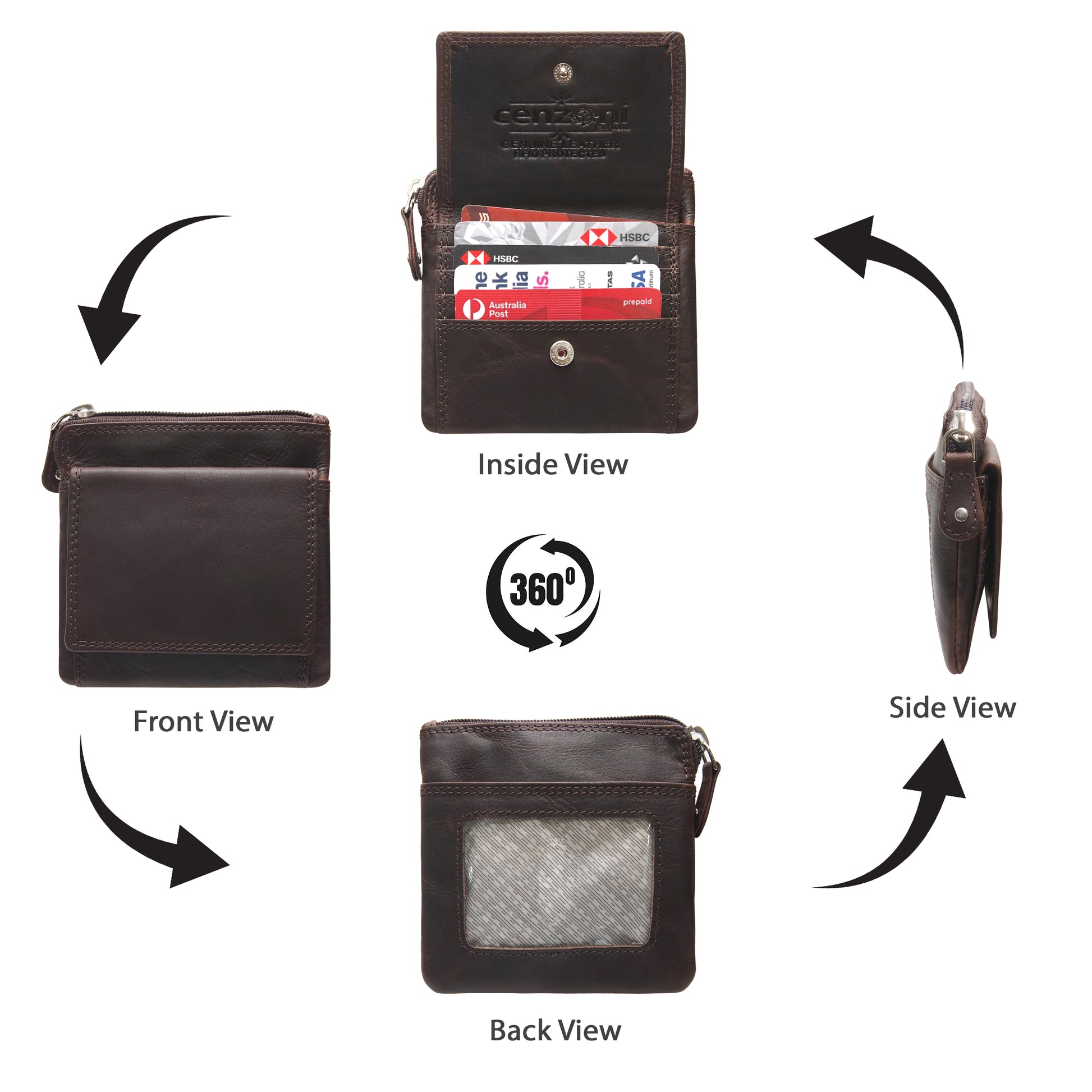 Brown leather wallet shown from multiple angles with visible card slots.