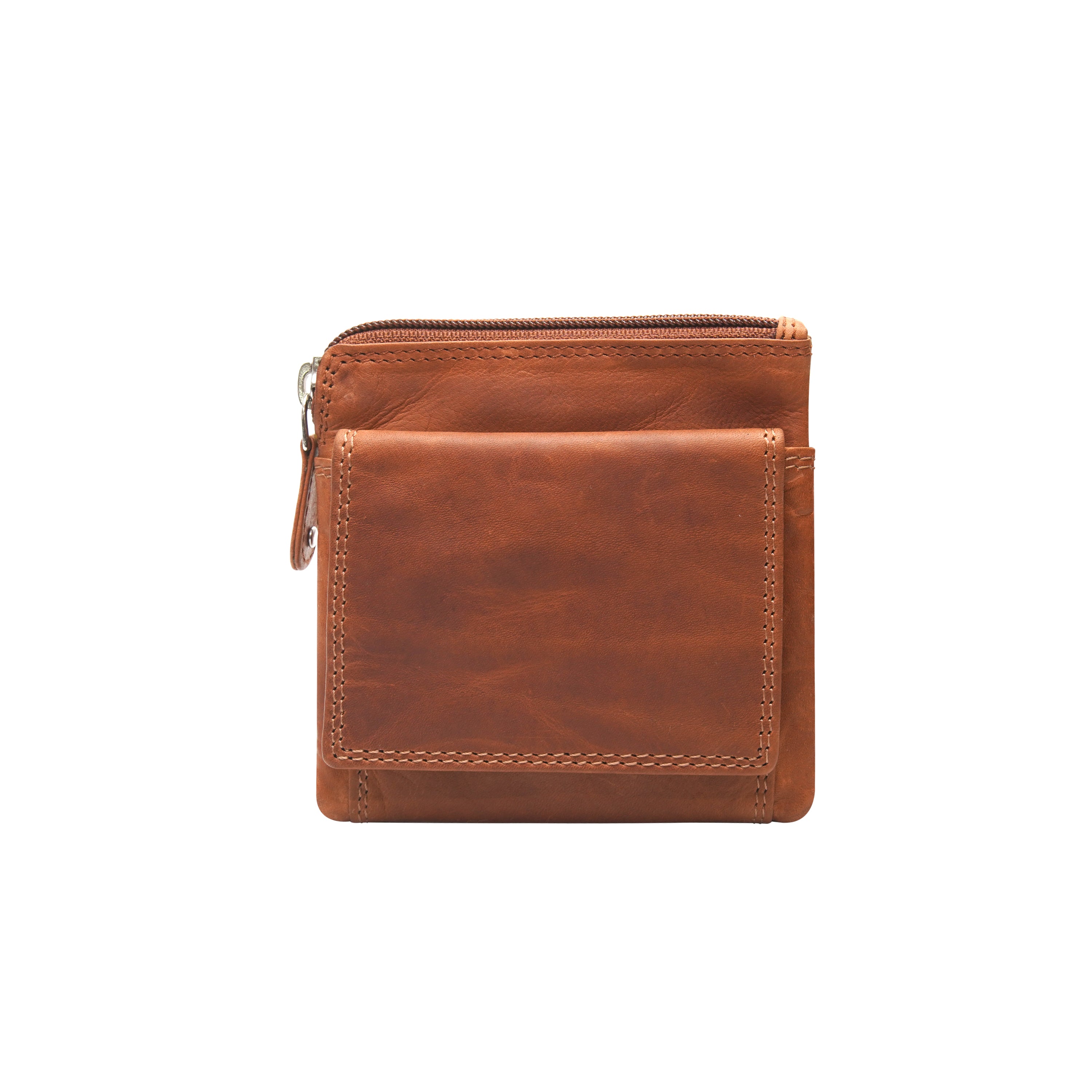 Tan leather wallet with a zipper on a white background