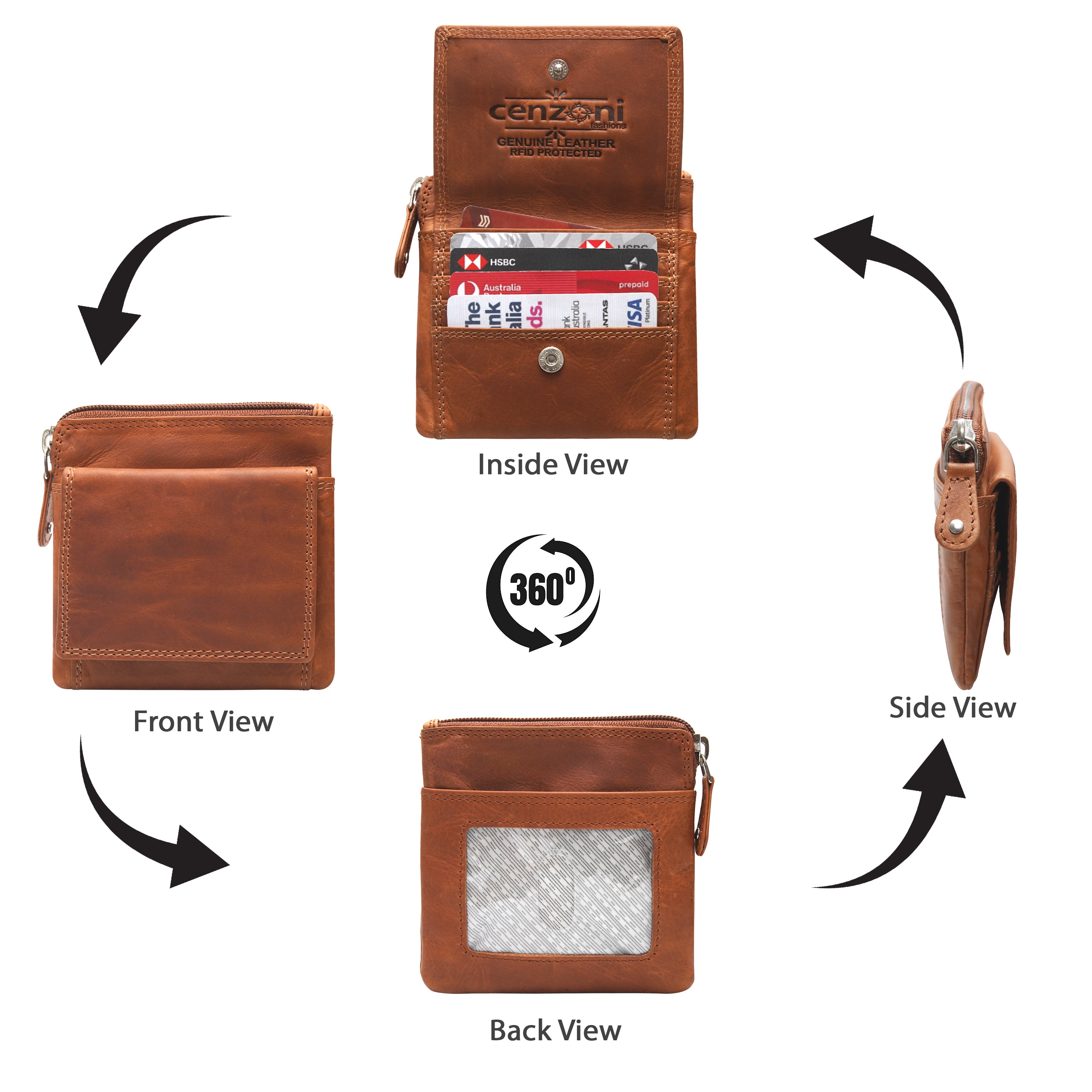 Tan leather wallet with multiple views and card slots on a white background