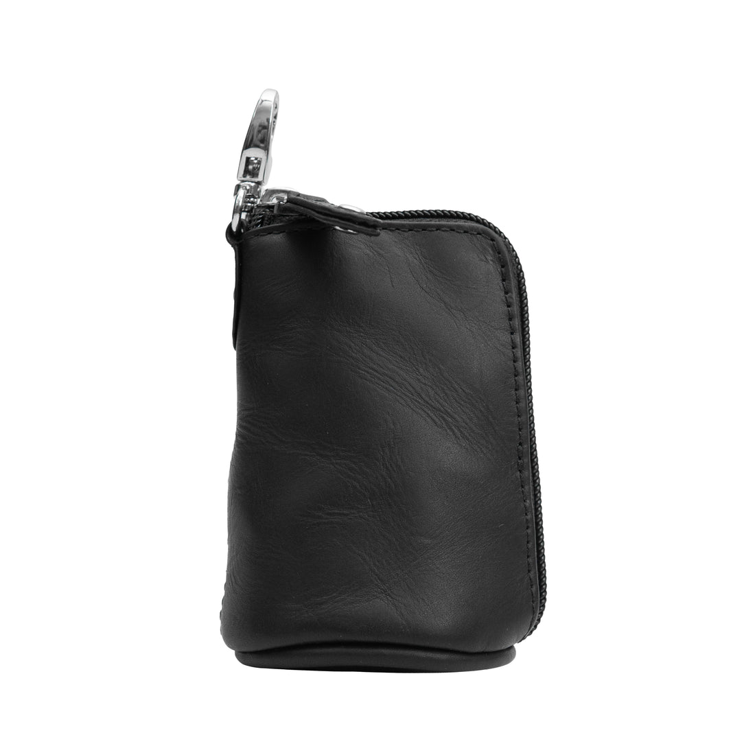 A black leather key ring purse with a zipper closure and a key ring attached at the top.