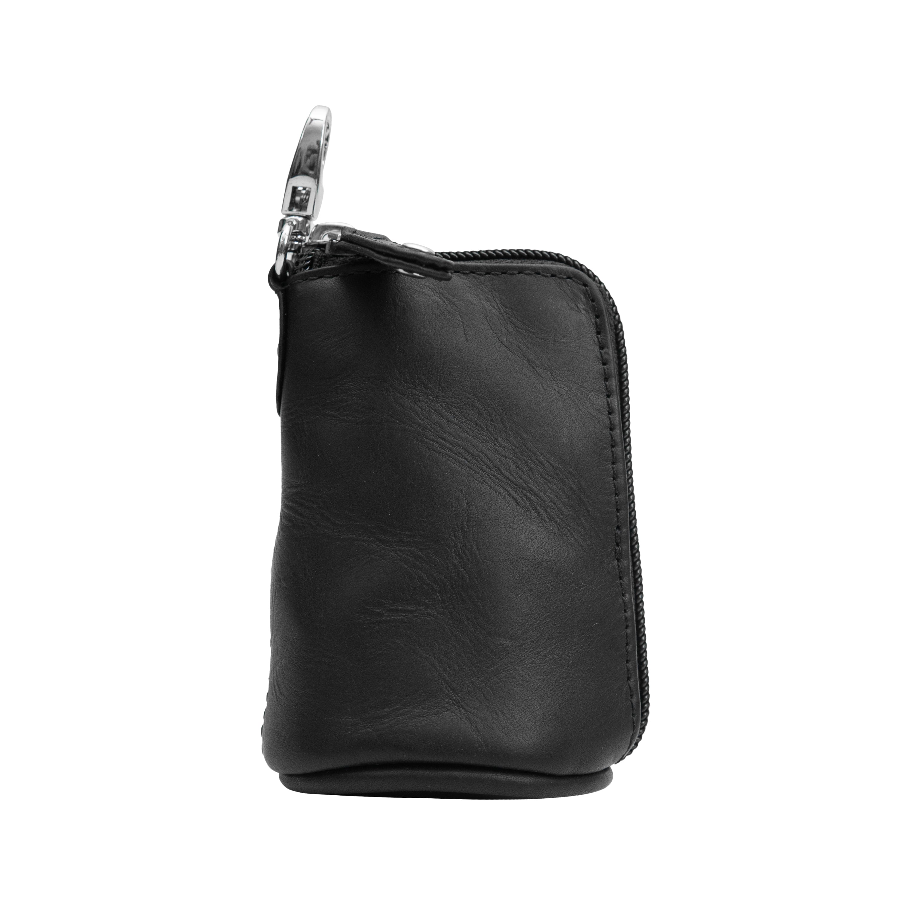 A black leather key ring purse with a zipper closure and a key ring attached at the top.