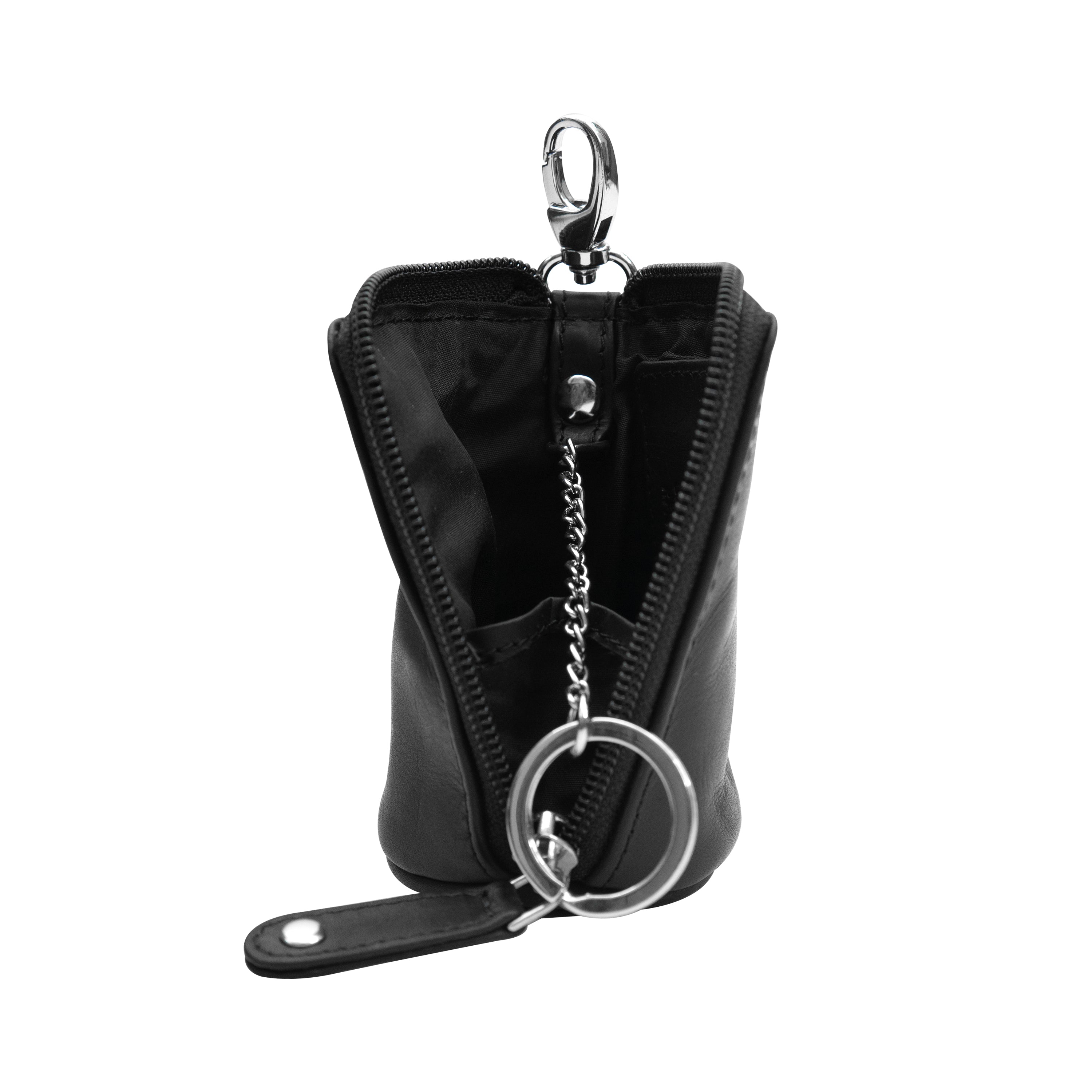 Black leather key ring pouch inside view