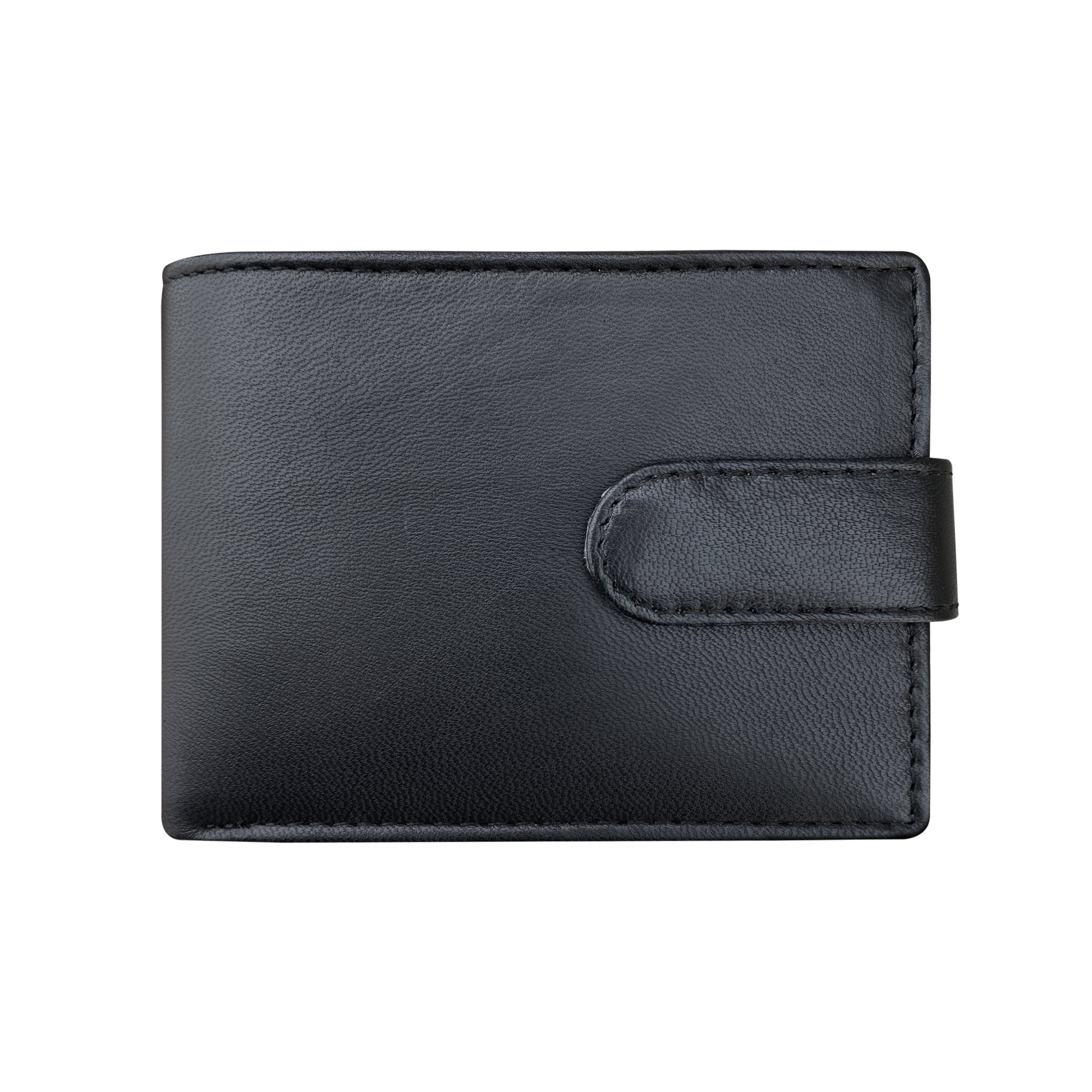 Black sheepskin men's wallet with snap tab closure, front view