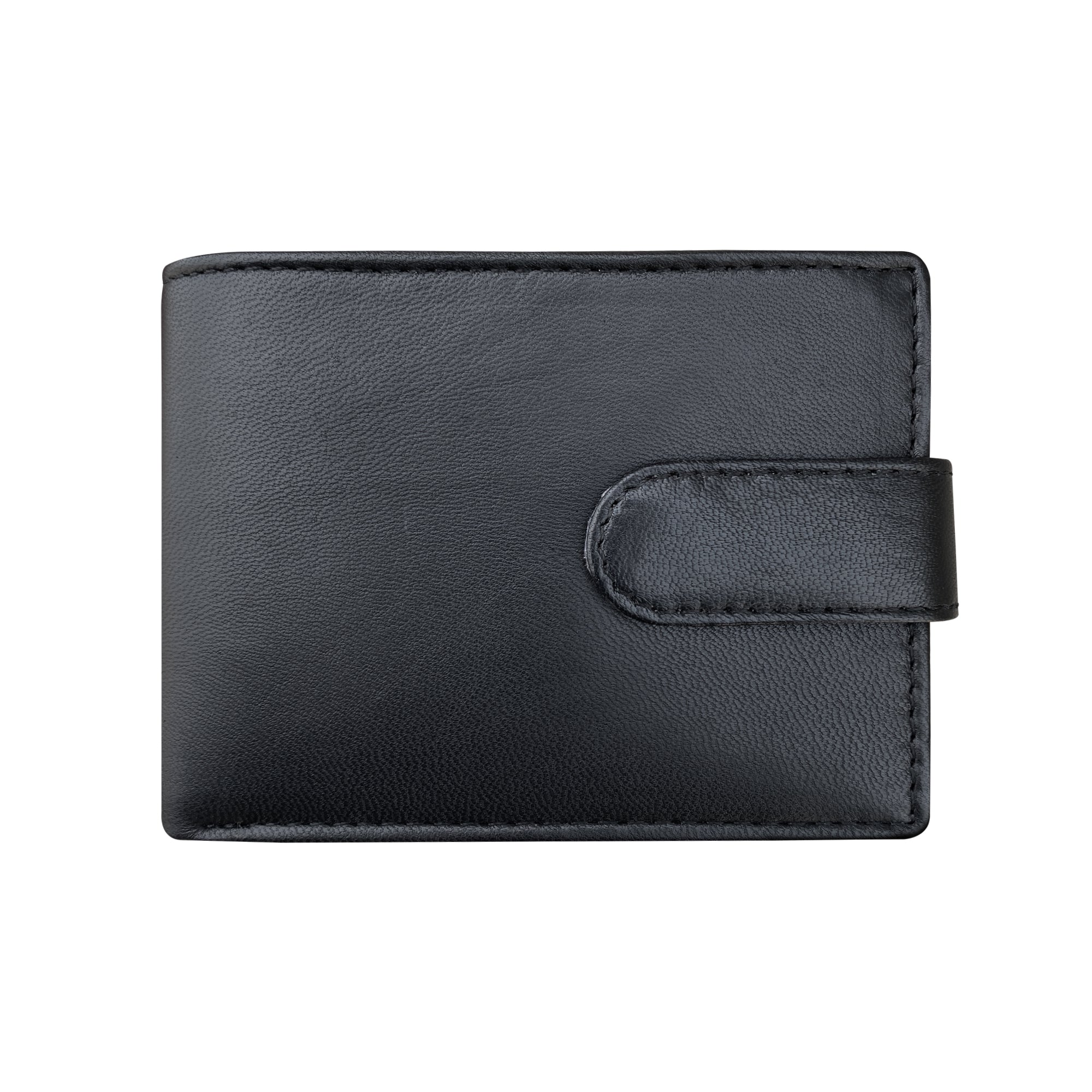 Black sheepskin men's wallet with snap tab closure, front view