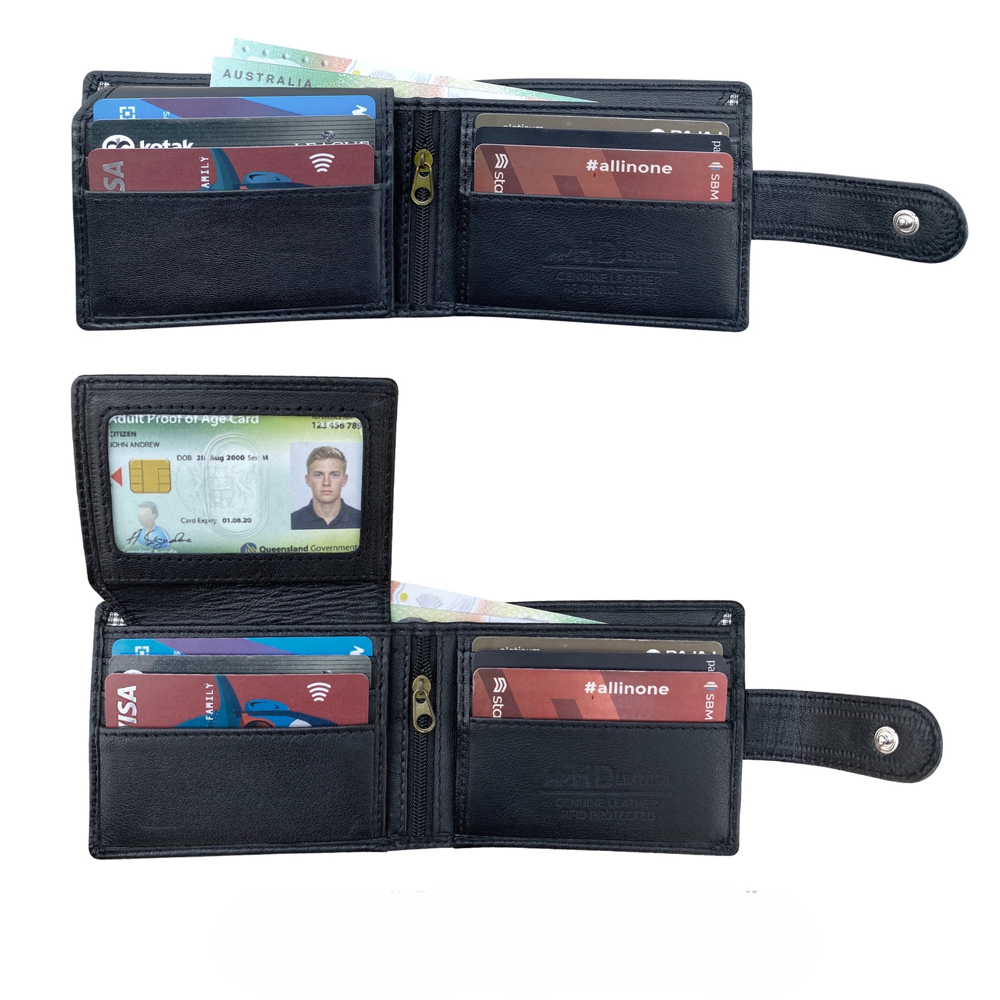 Black sheepskin RFID men's wallet opened showing 9 card slots, ID window, and multiple payment cards displayed