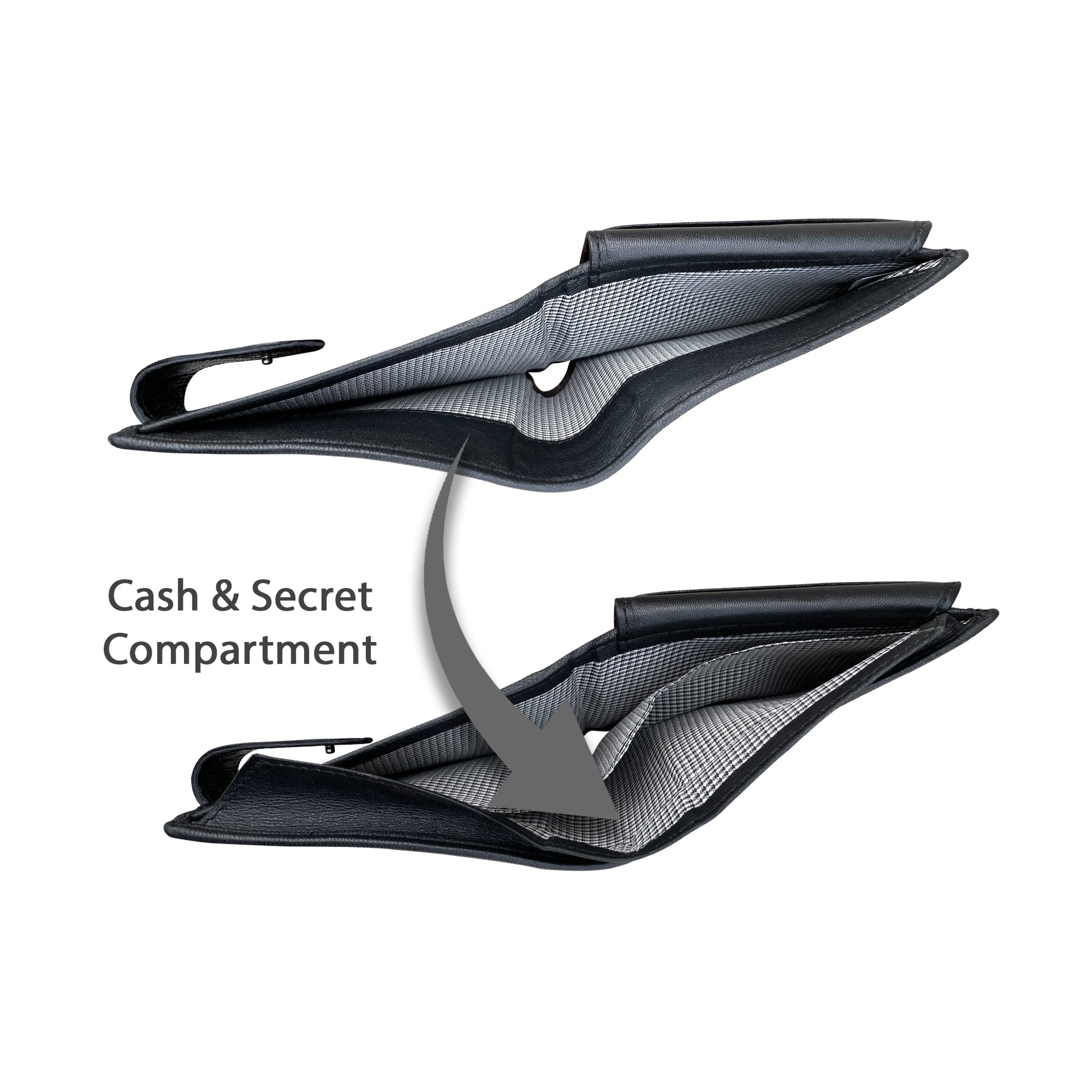 Black sheepskin wallet showing hidden cash and secret compartment under leather flap for secure storage