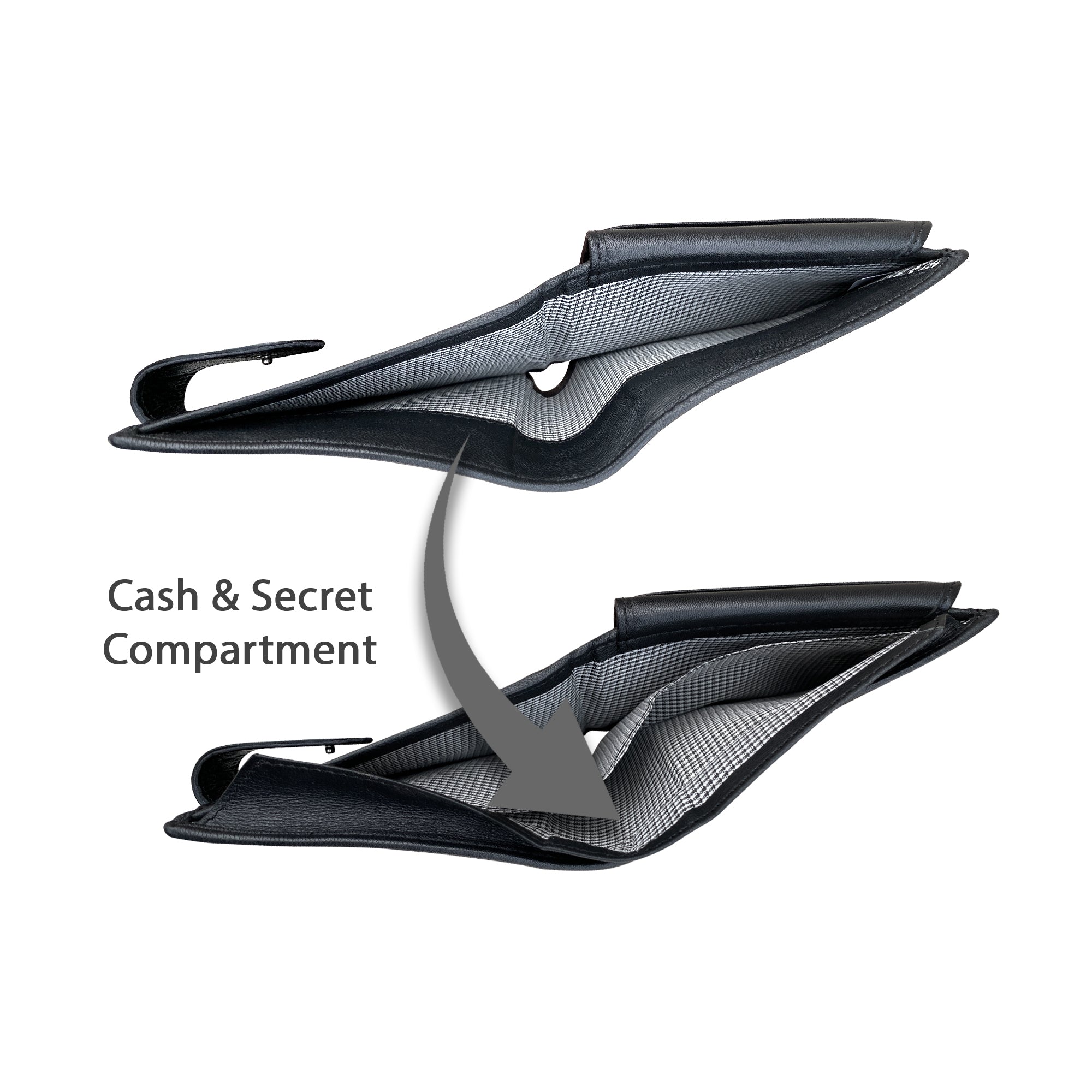 Black sheepskin wallet showing hidden cash and secret compartment under leather flap for secure storage