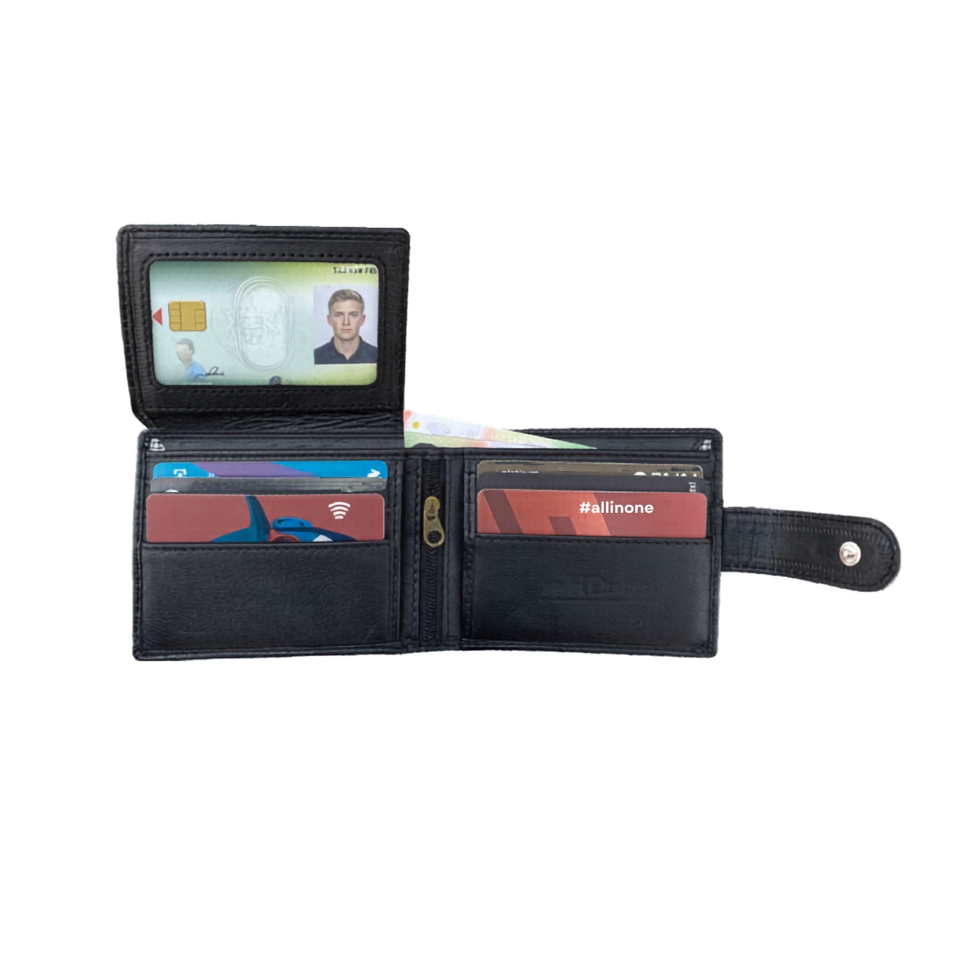 Black leather wallet with various cards and a small photo inside, on a white background