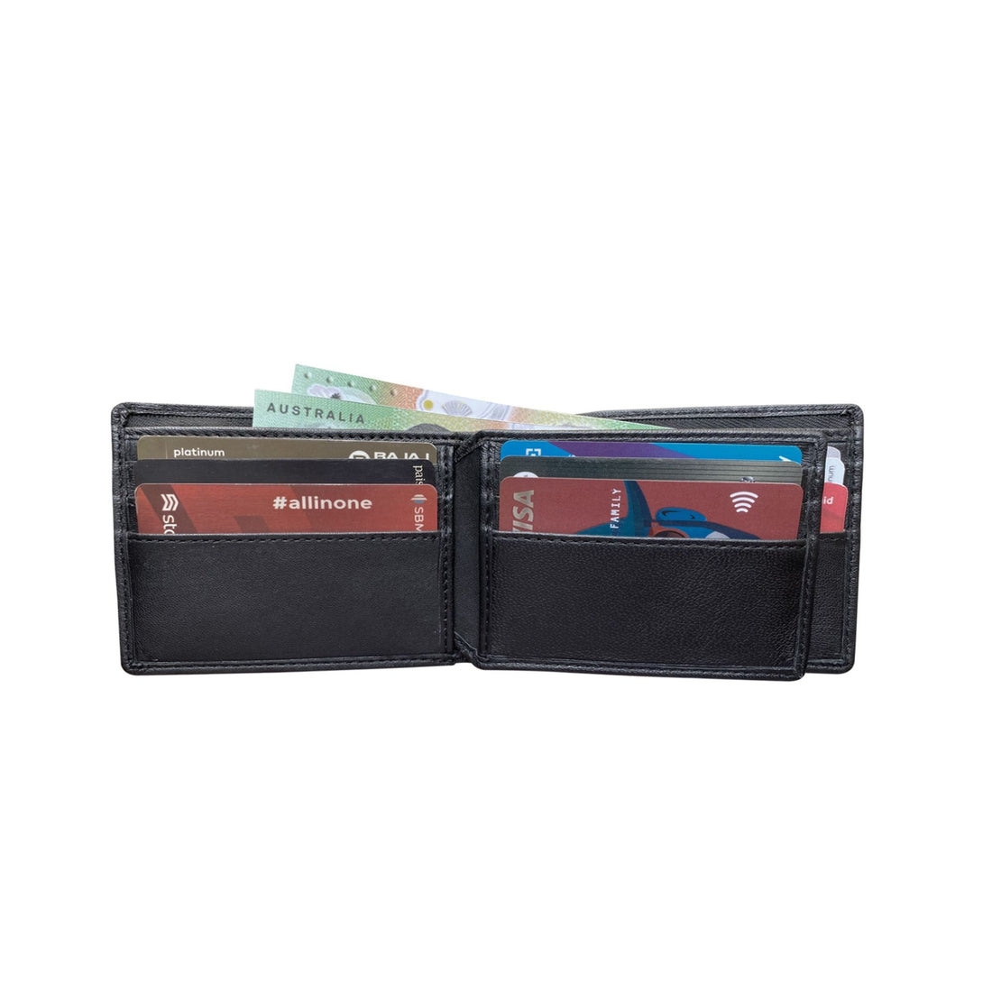 Black wallet with cards and money on a white background