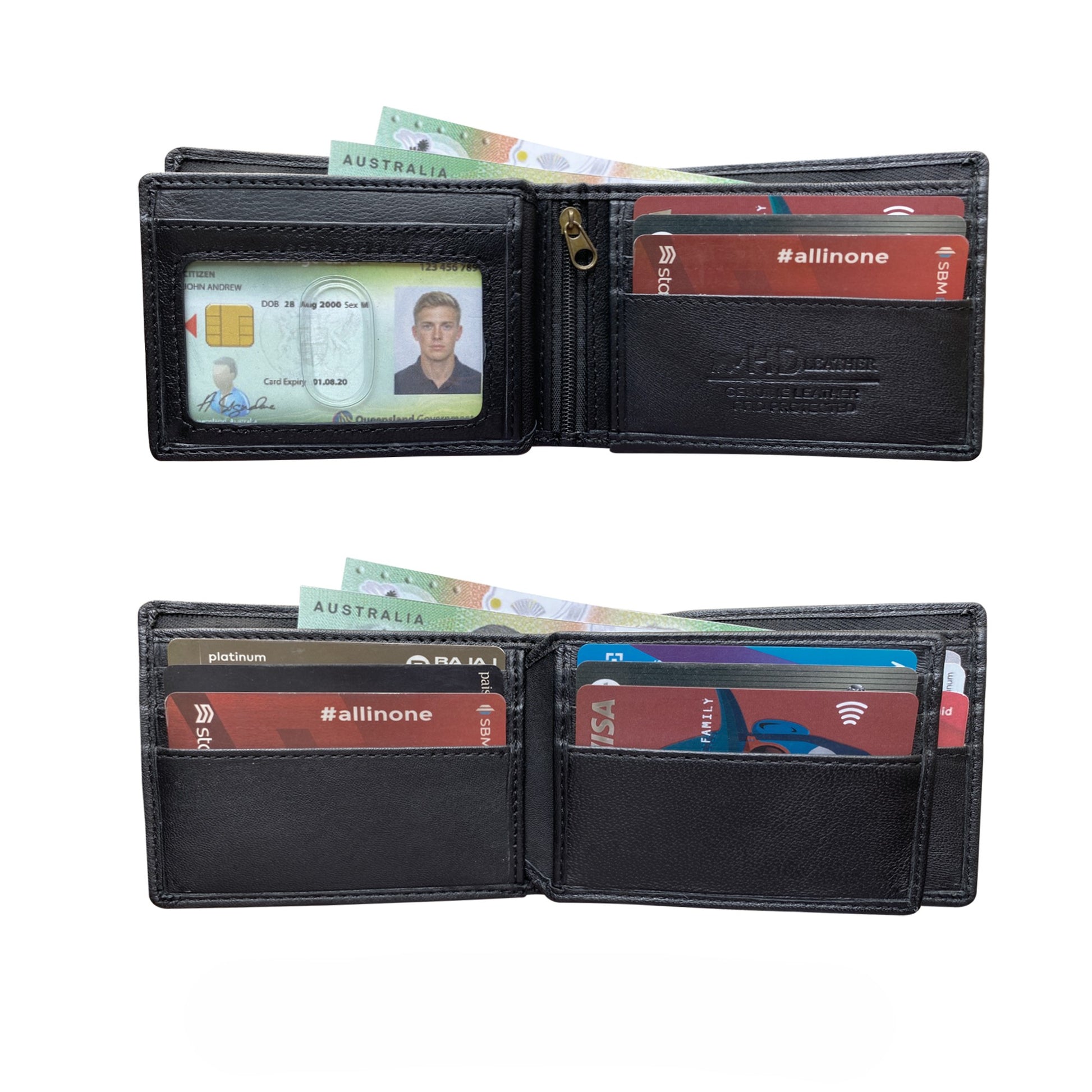 Sheepskin black leather wallet cash and cards view inside