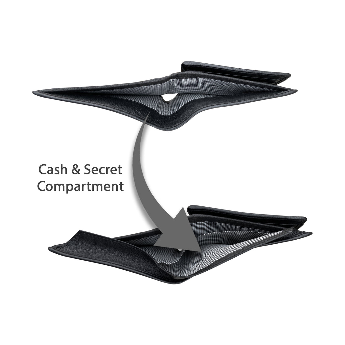 Black wallet with cards and money on a white background
