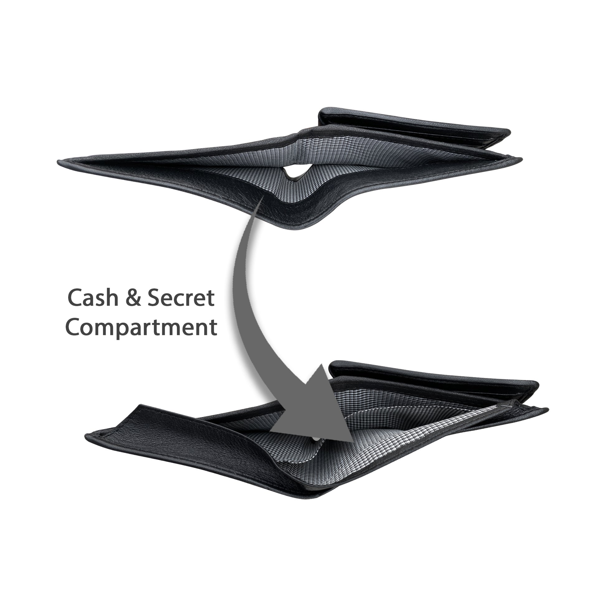 Black sheepskin leather wallet cash & secret note compartment view