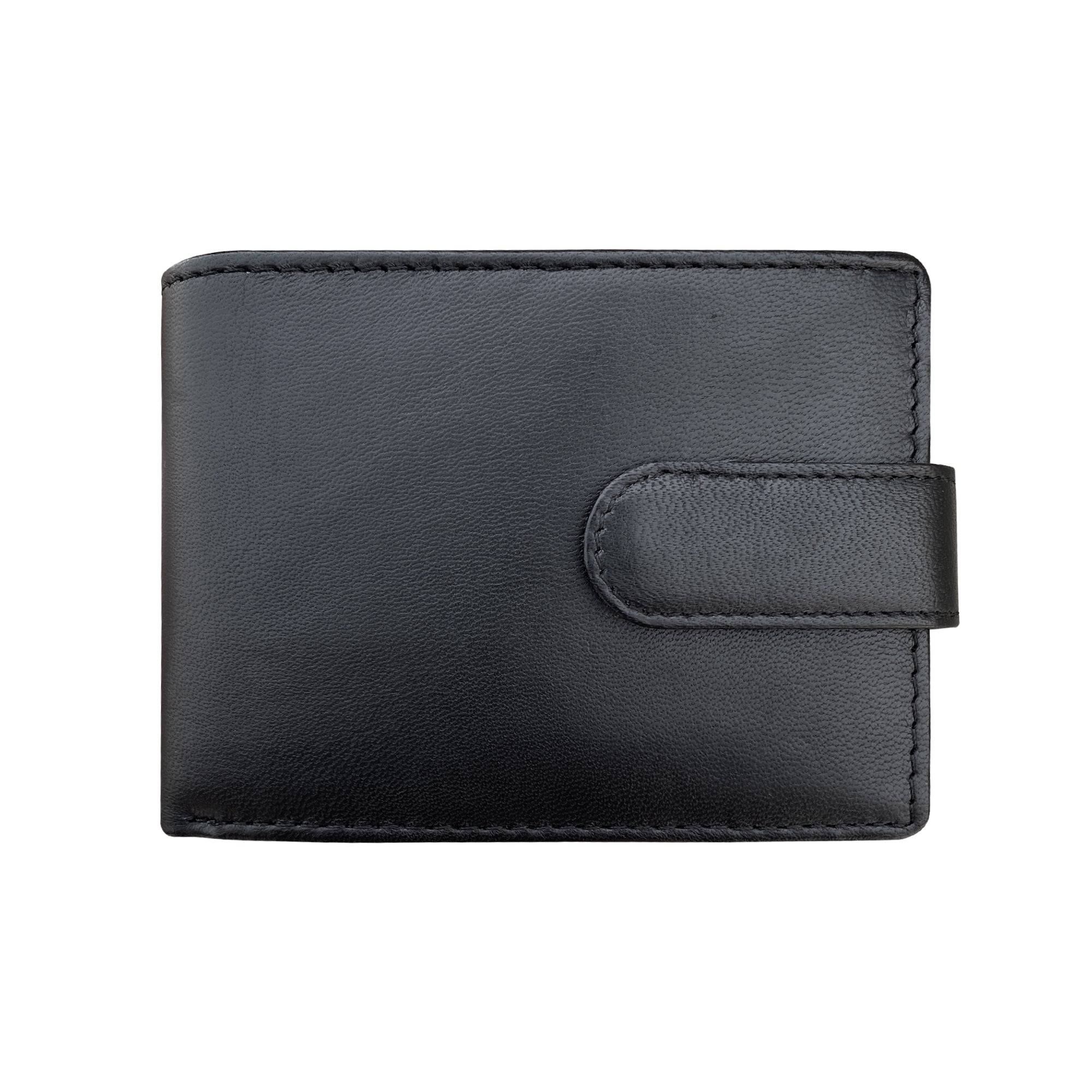 Black leather wallet front view on a white background