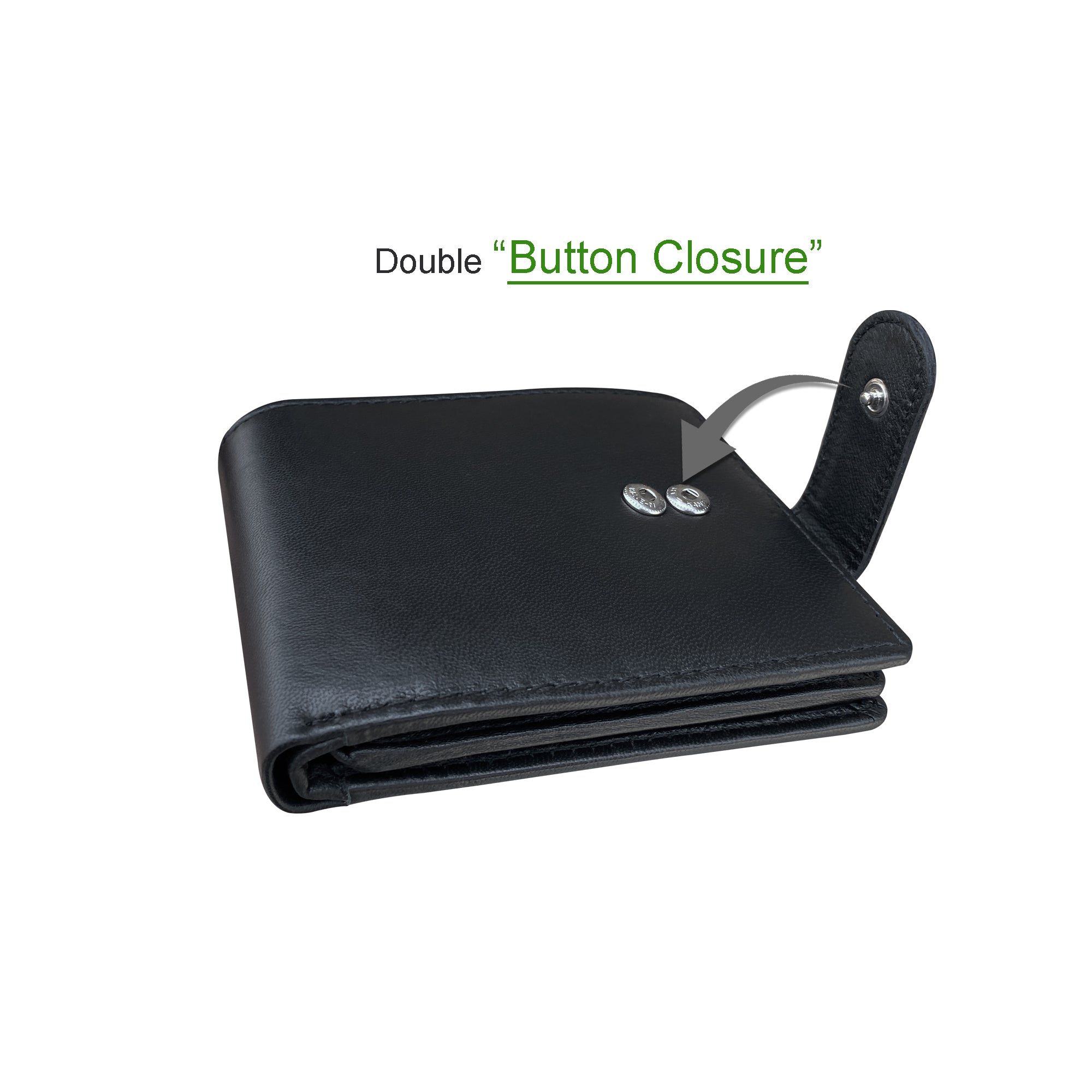 Black leather wallet with double button closure on a white background