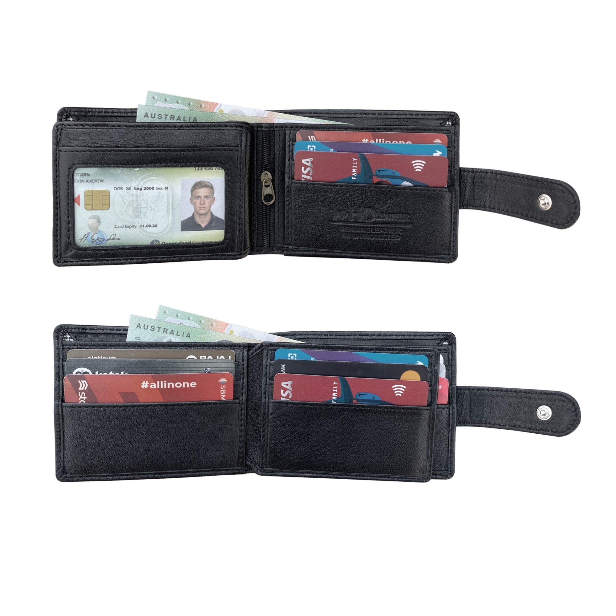 Black leather wallet with various cards and a driver's license on a white background