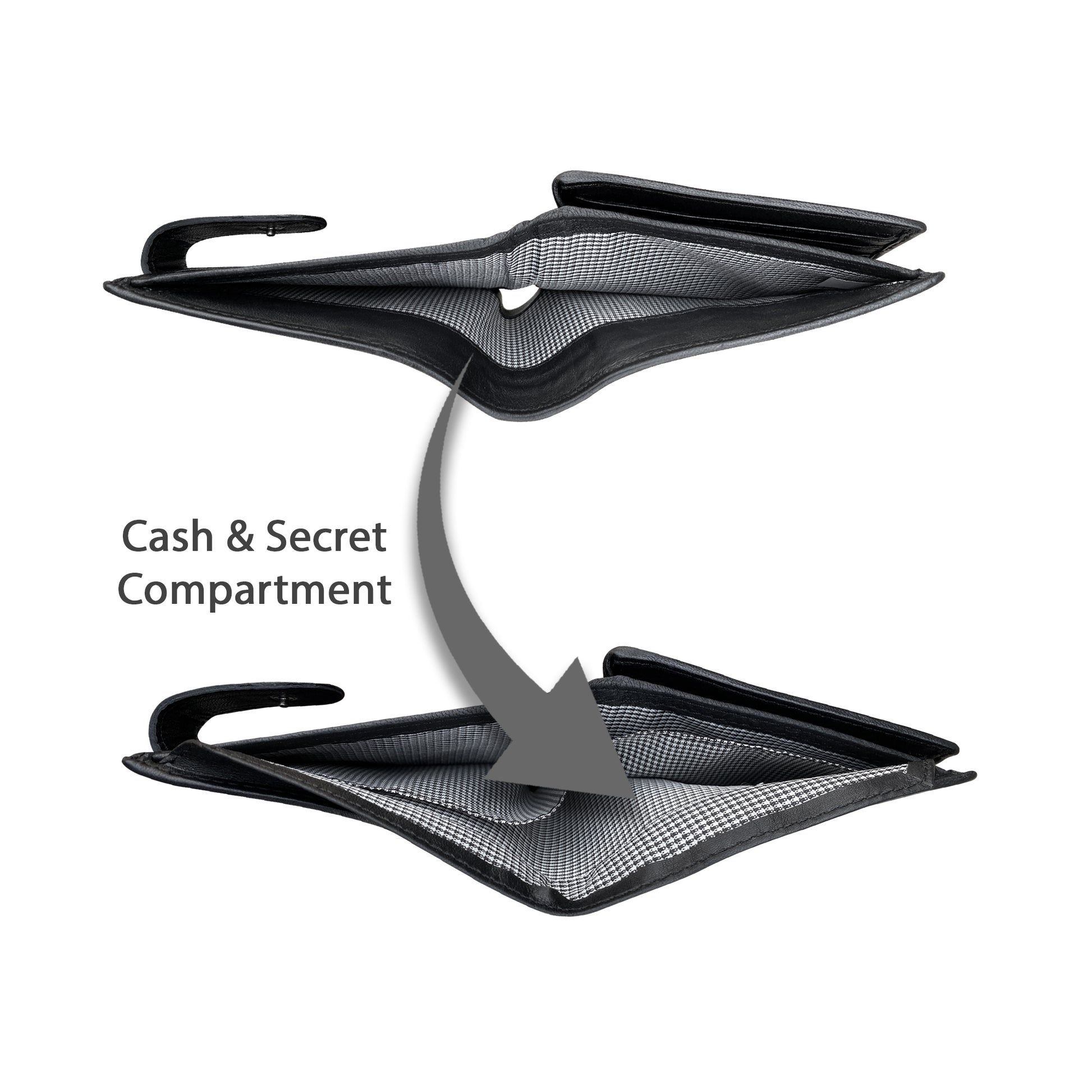 Black sheepskin wallet cash and secret compartment view
